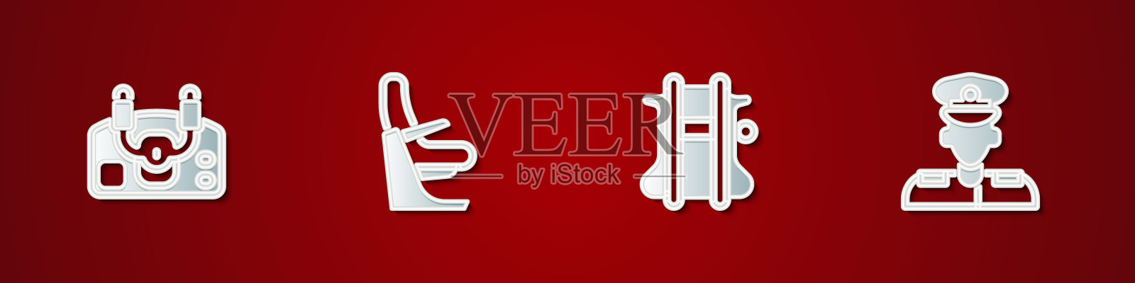 设置飞机舵，飞机座位，降落伞和飞行员图标。向量插画图片素材