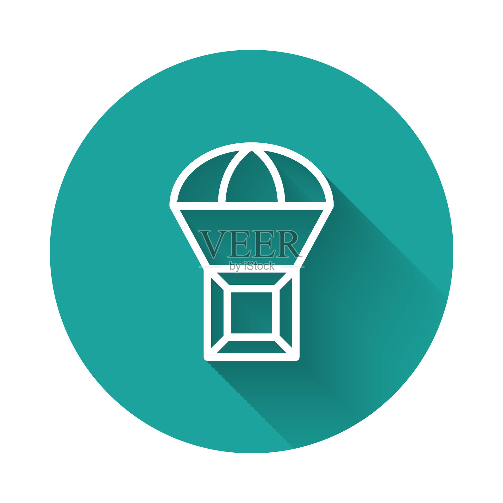 长阴影背景上的白色降落伞箱子图标，空运服务，绿色圆形按钮矢量图图标素材