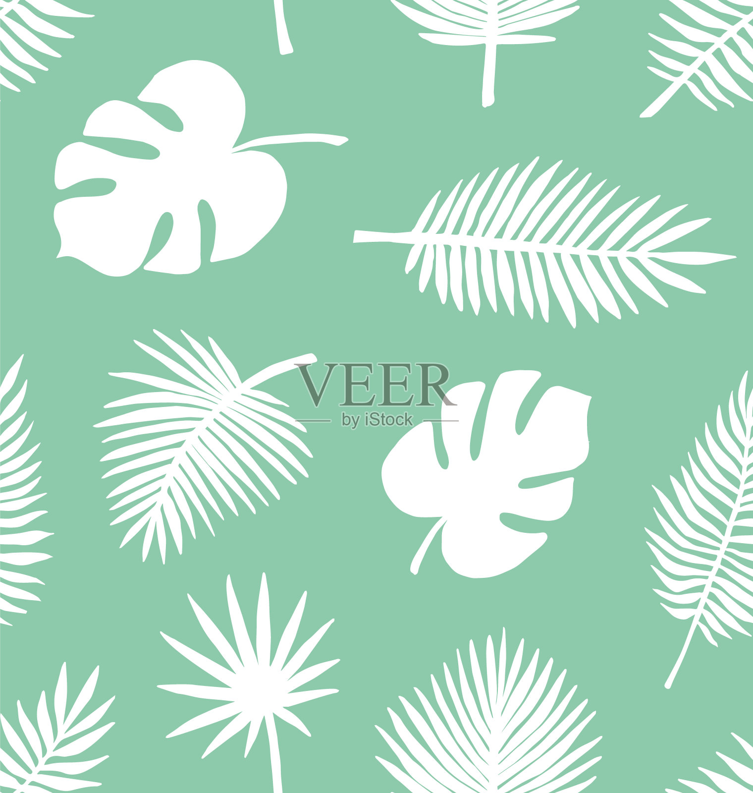 矢量无缝模式的白色手绘棕榈叶剪影插画图片素材