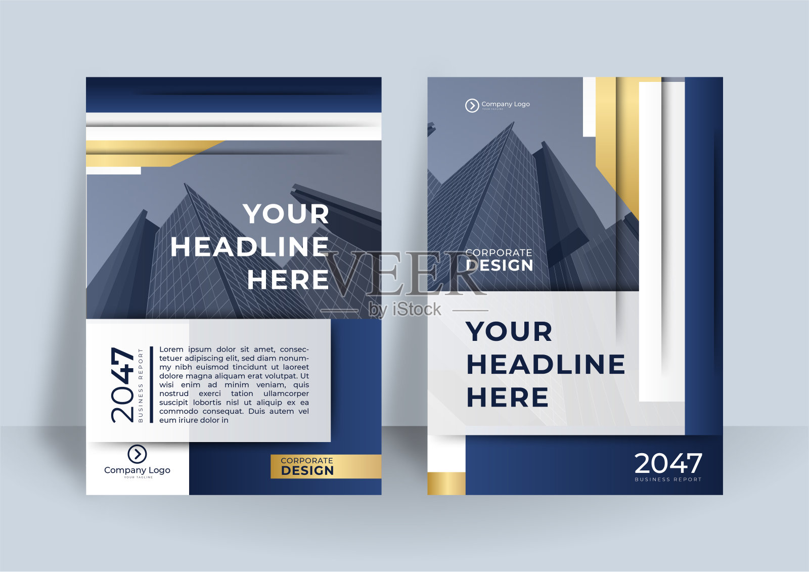 优雅的蓝色和金色公司业务封面模板设计集深蓝色，绿色，和白色。市场营销、商业计划书、促销、广告、出版物、封面插画图片素材