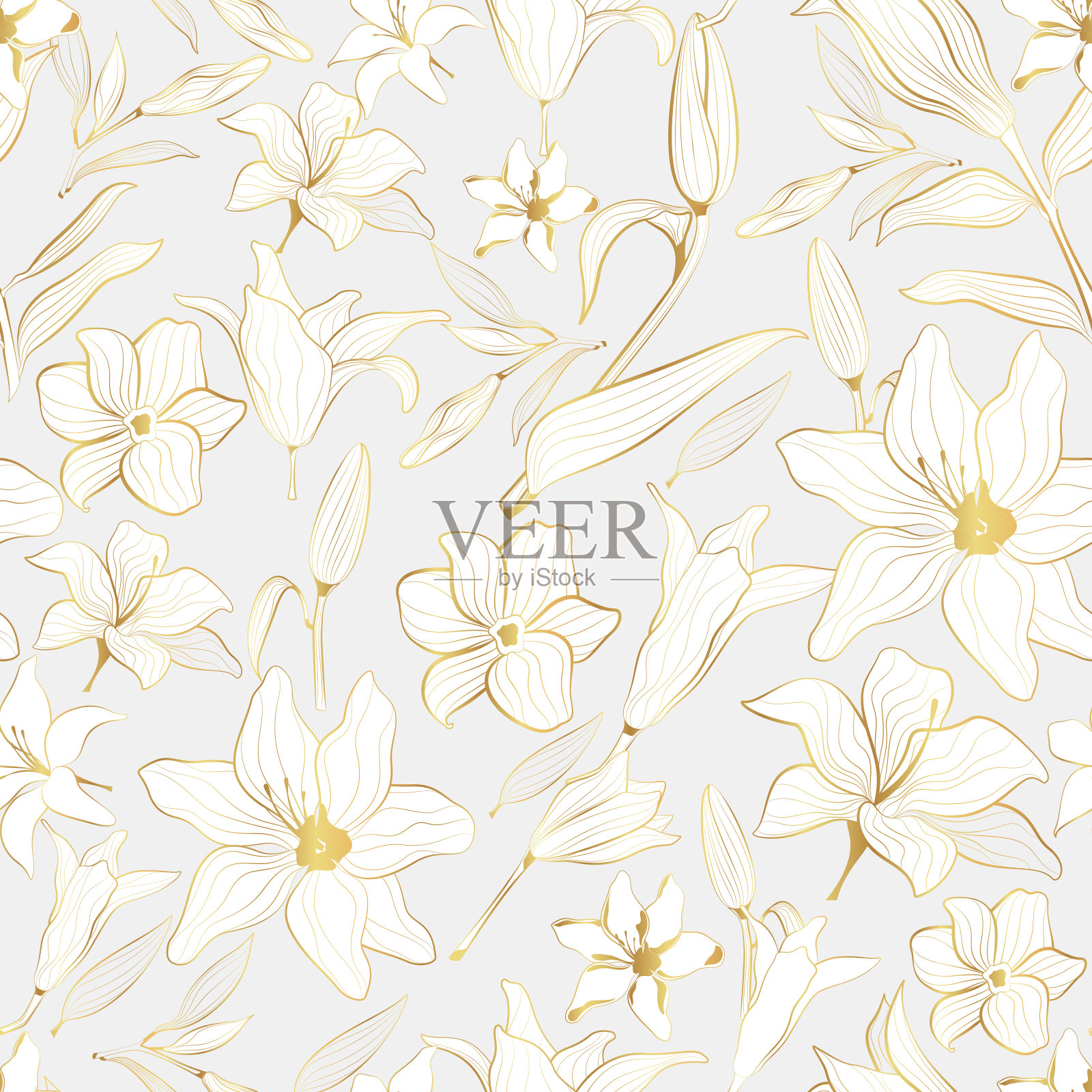 无缝向量模式与金色植物和花卉在线条艺术风格的灰色背景。插画图片素材