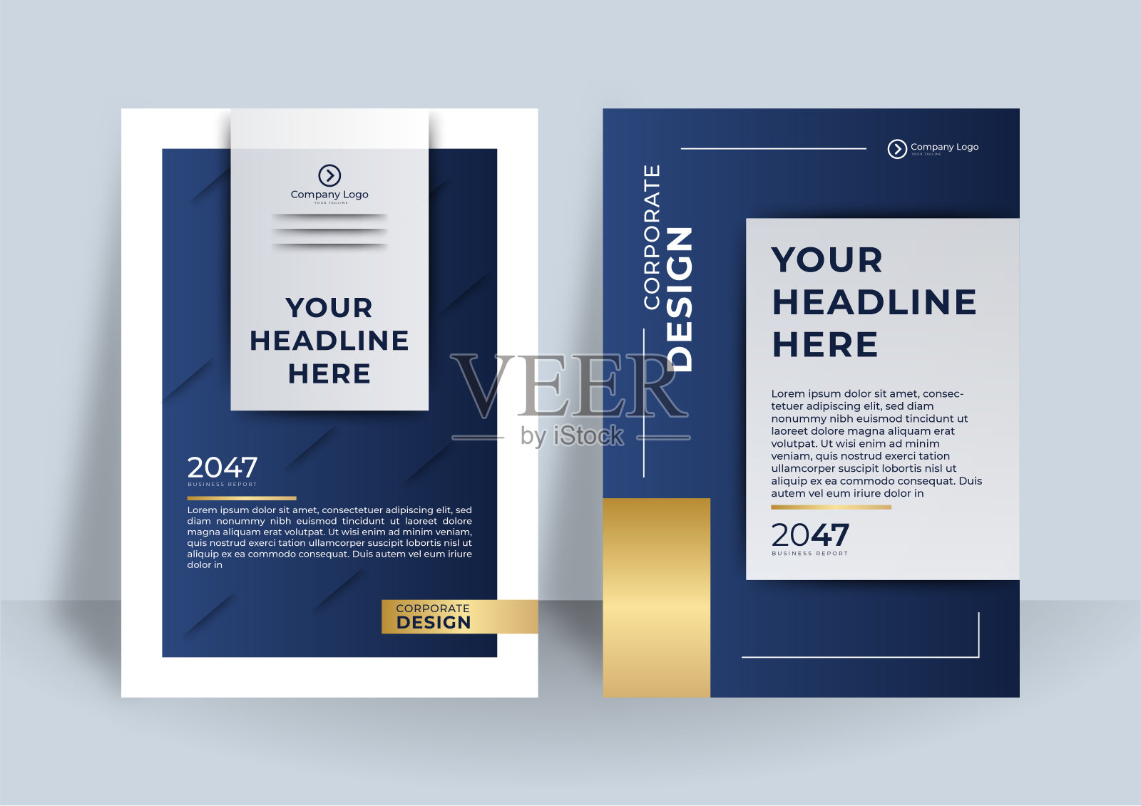 优雅的蓝色和金色公司业务封面模板设计集深蓝色，绿色，和白色。市场营销、商业计划书、促销、广告、出版物、封面插画图片素材