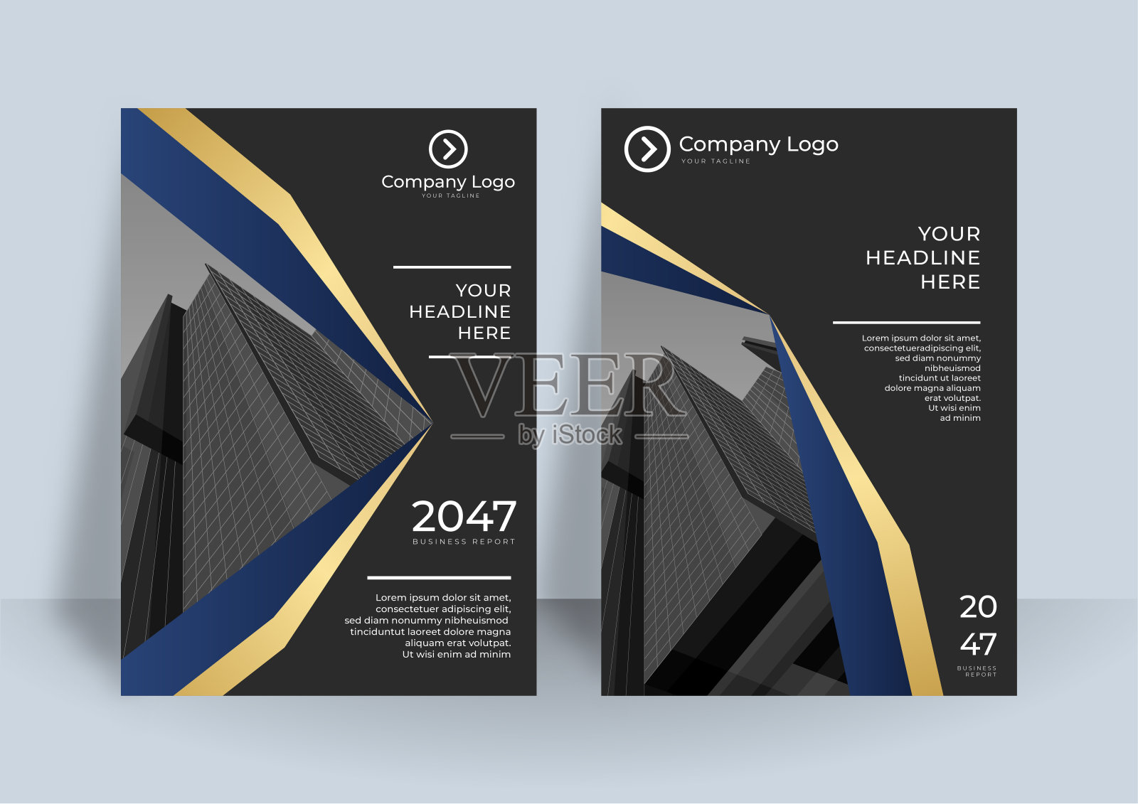 公司业务封面模板设计设置为深蓝色，绿色，和白色。市场营销，商业计划书，促销，广告，出版物，封面用深蓝色，金色和黑色插画图片素材