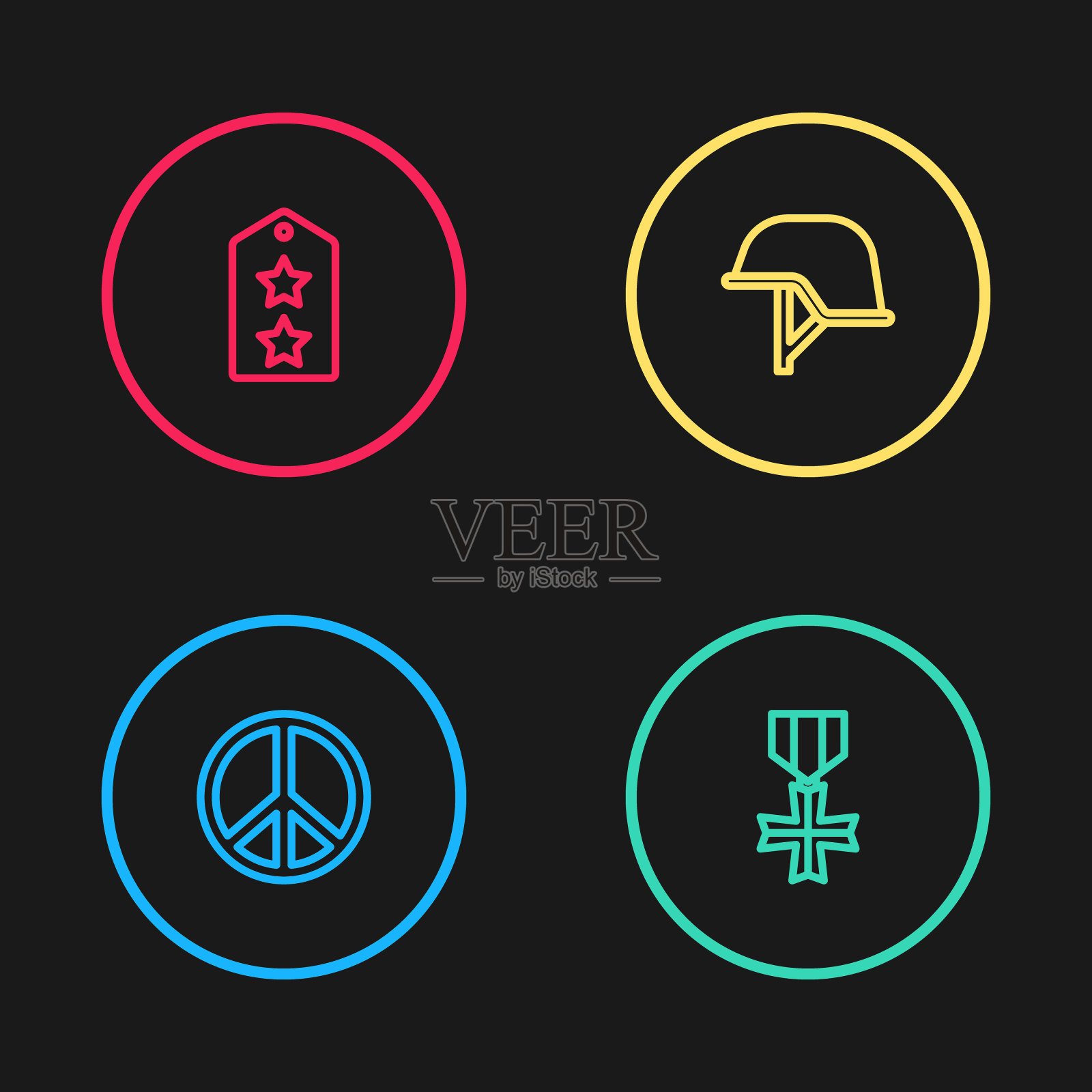 和平、军事奖励勋章、头盔和军衔图标矢量图标素材