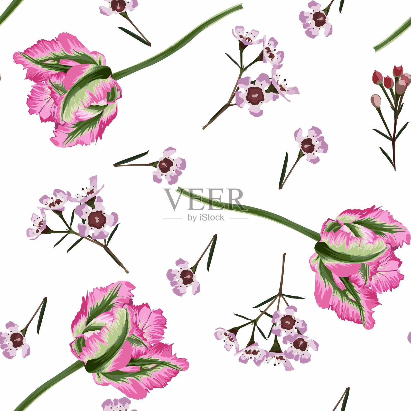 美丽的植物图案与郁金香花，无缝图案。一个美丽的印花印刷织物，墙纸，设计师的印花。插画图片素材