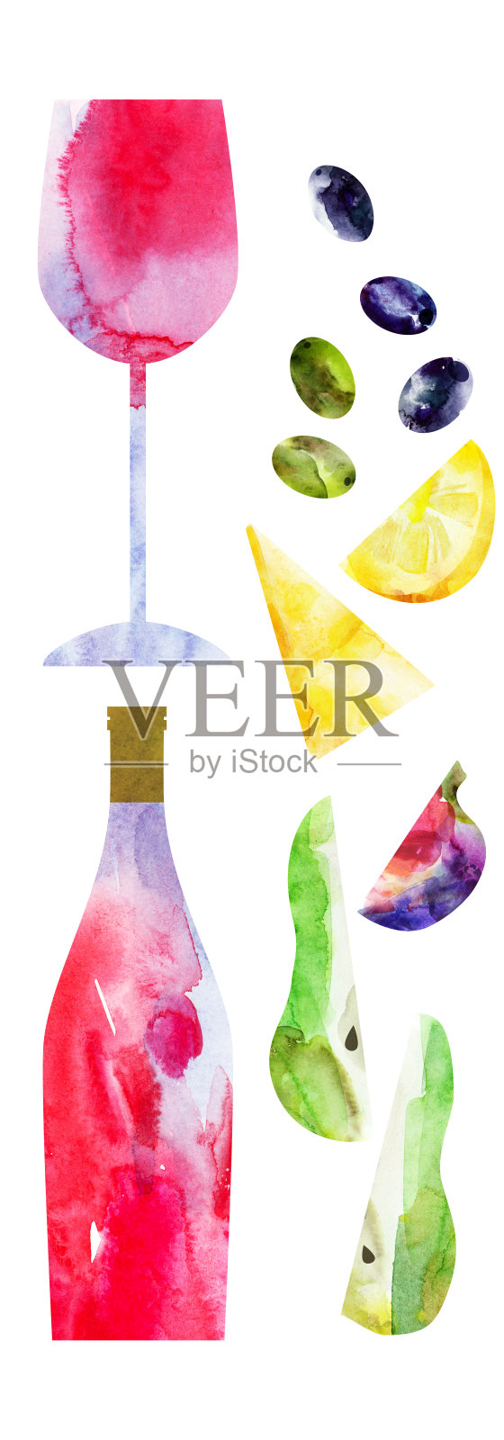 水彩抽象粉色，玫瑰，红酒瓶，玻璃和零食插图插画图片素材