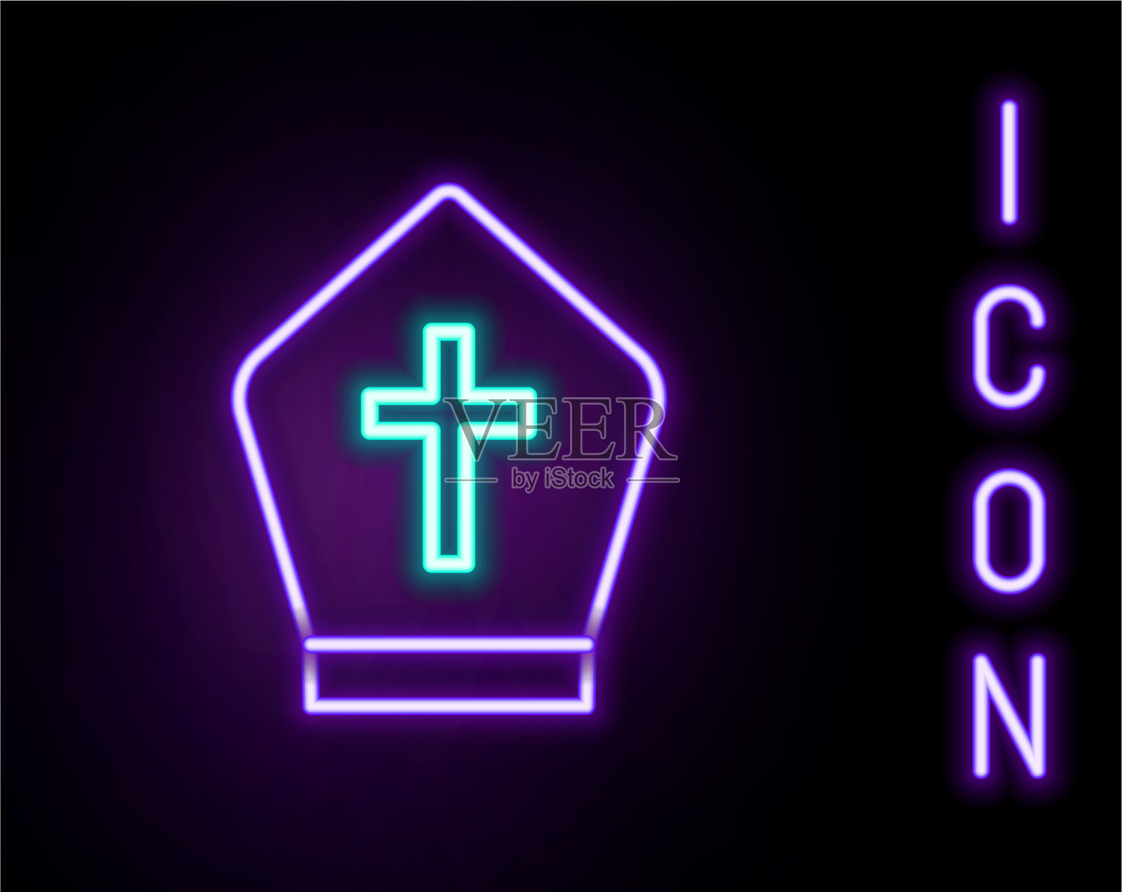 发光的霓虹线教皇帽子图标孤立在黑色插画图片素材