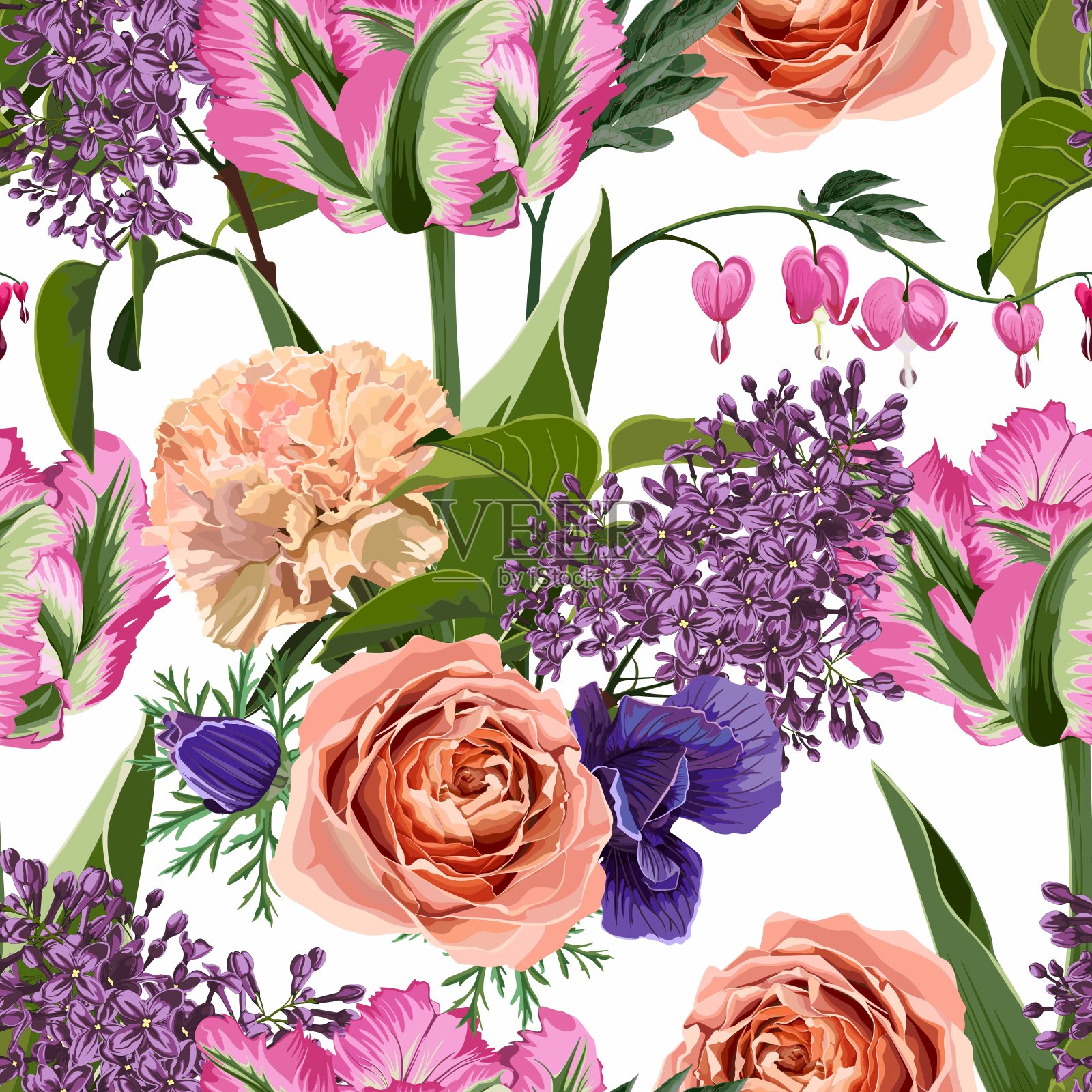 无缝花卉图案与多色郁金香花，叶子和春天的花在白色的背景。手绘，高逼真，春季花卉面料，印花，装饰，请帖。插画图片素材