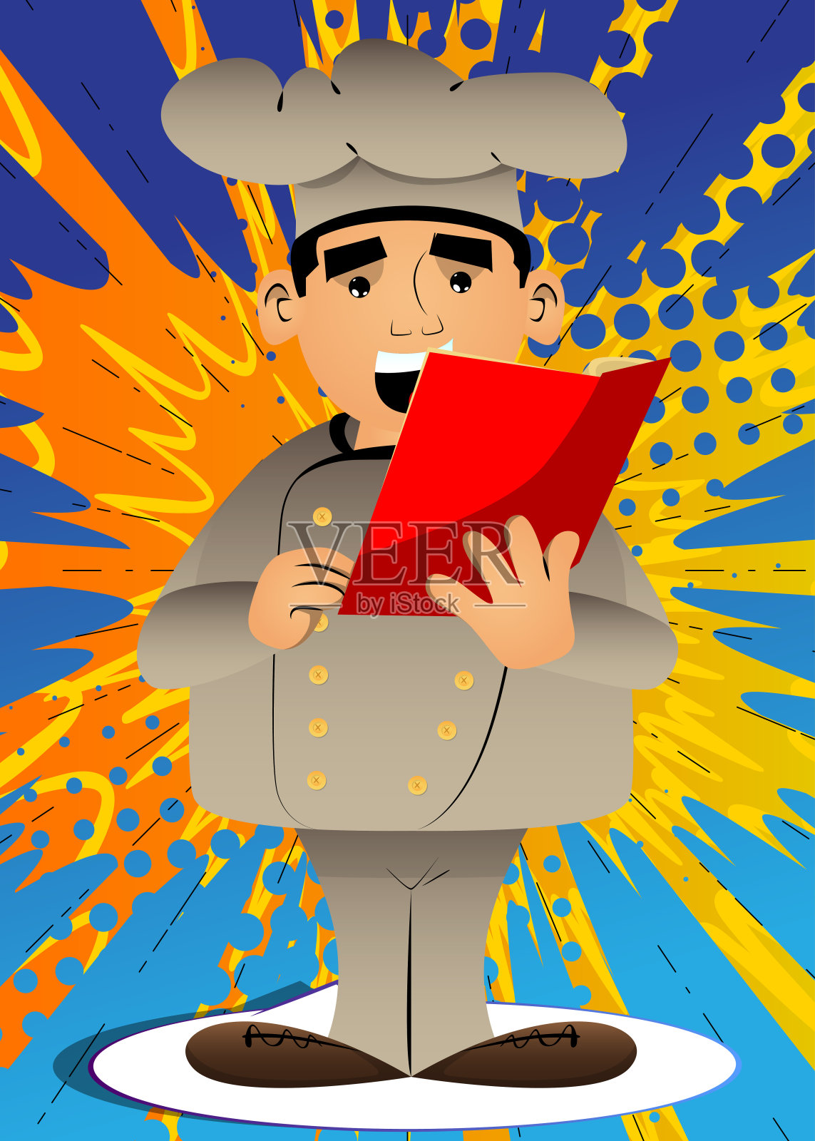 拿着一本红皮书、杂志、日记或小册子的厨师。插画图片素材