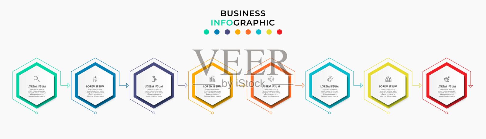 矢量图形设计业务模板与图标和8个选项或步骤。可用于流程图，演示文稿，工作流布局，横幅，流程图，信息图插画图片素材