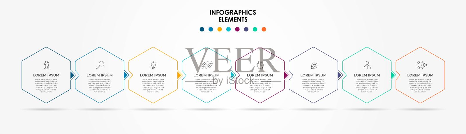 矢量图形设计业务模板与图标和8个选项或步骤。可用于流程图，演示文稿，工作流布局，横幅，流程图，信息图插画图片素材