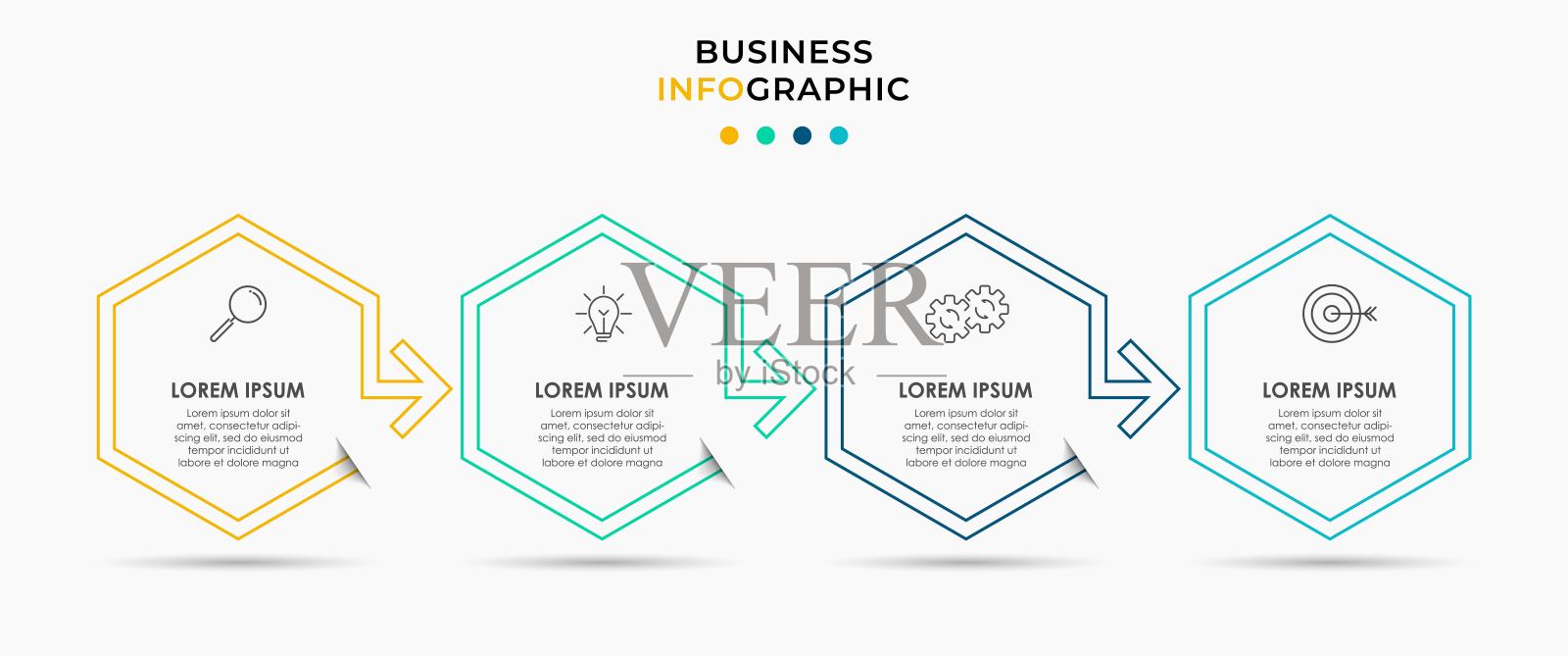 矢量图形设计业务模板与图标和4个选项或步骤。可用于流程图，演示文稿，工作流布局，横幅，流程图，信息图设计模板素材