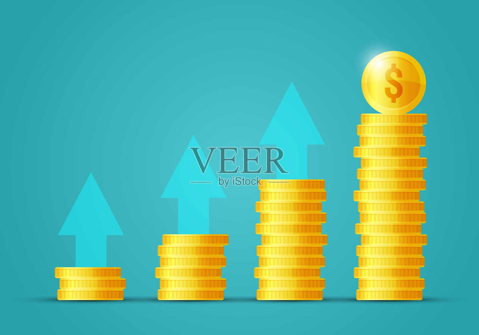 比特币增长概念。成堆的金币像收入图表与比特币。矢量插图孤立在彩色背景插画图片素材