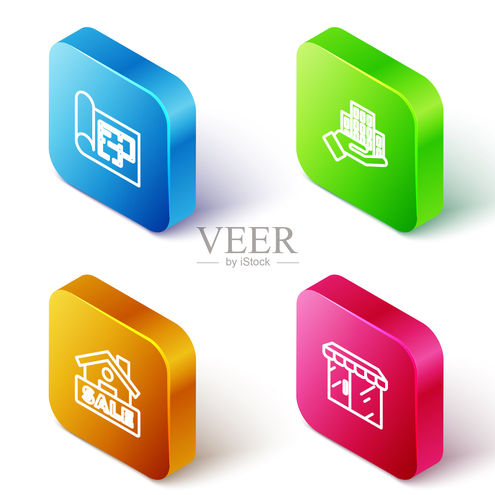 设置等距线房屋平面图摩天大楼悬挂图标素材