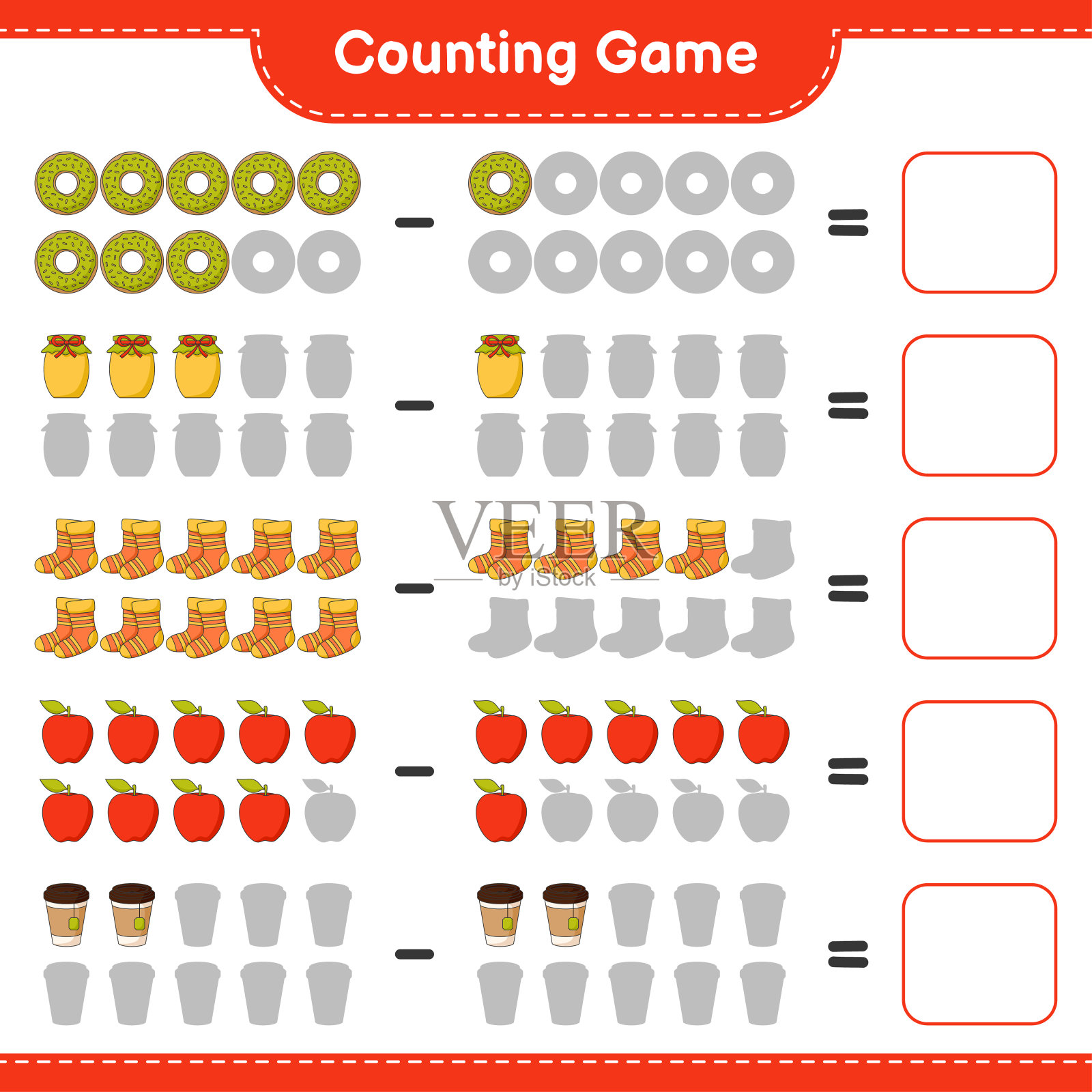 数数游戏，数数甜甜圈、果酱、袜子、苹果、茶杯的数量，并写出结果。教育儿童游戏，可打印的工作表，矢量插图图标素材