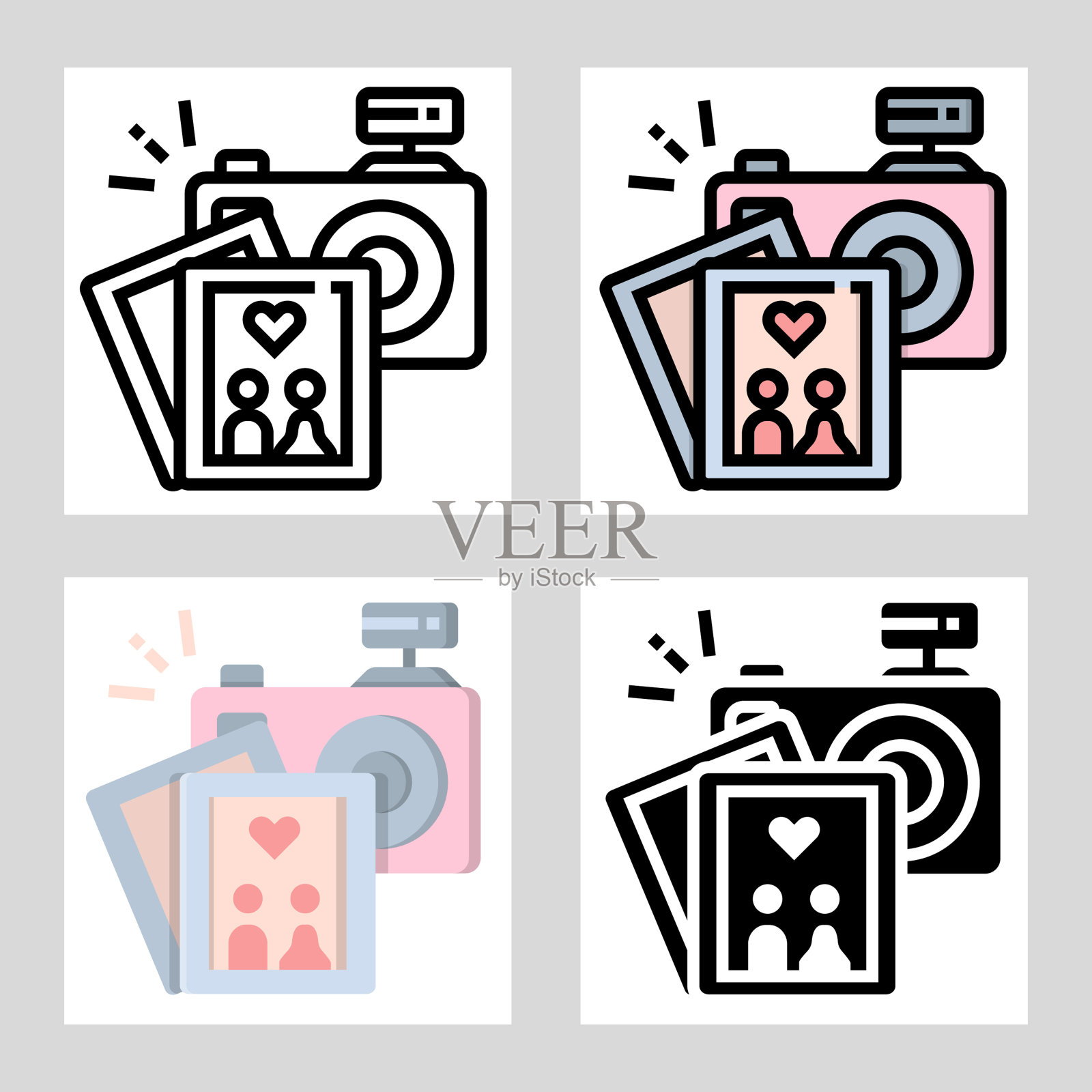 婚纱照图标矢量设计在填充，细线，轮廓和扁平的风格。图标素材