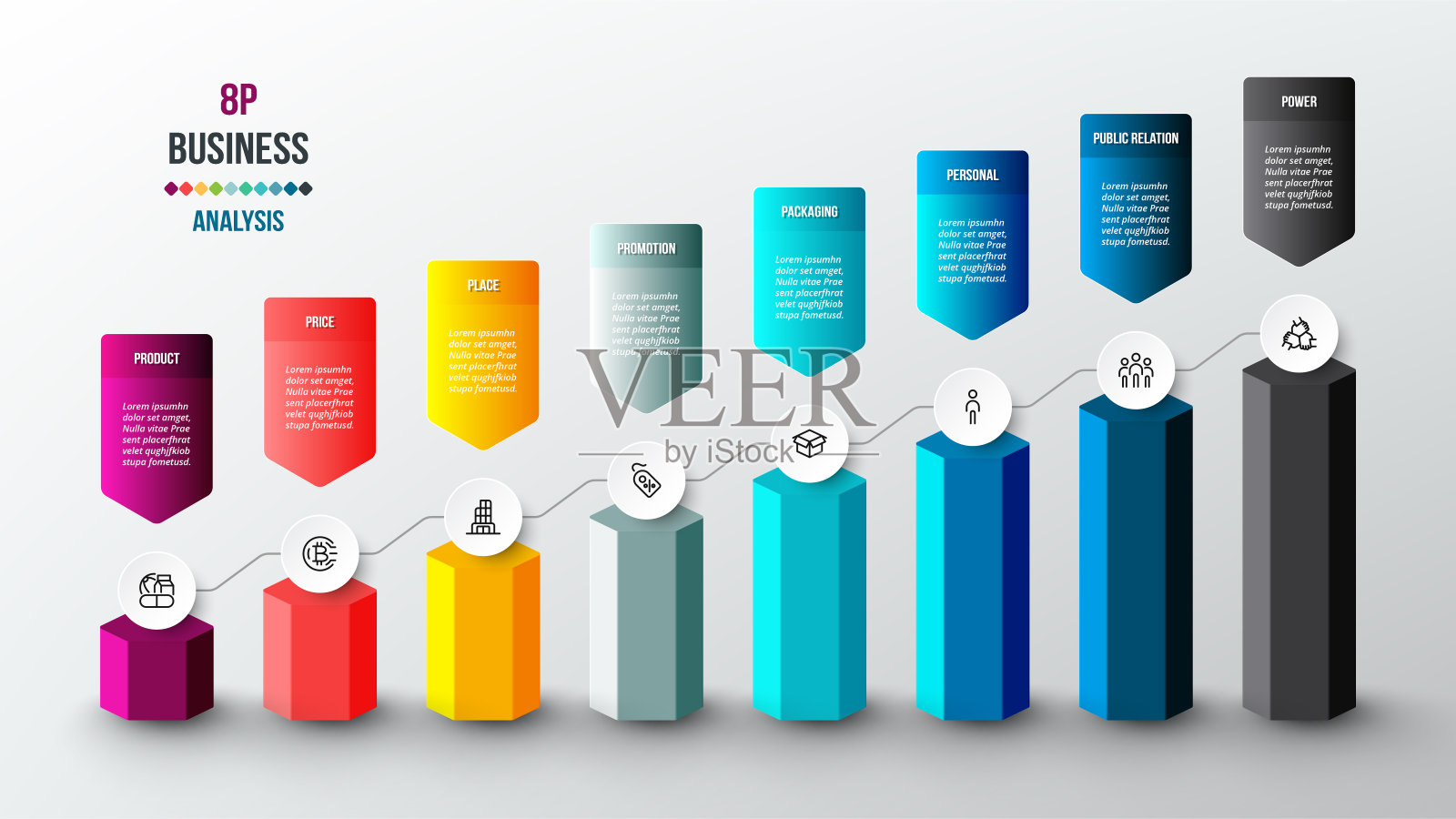 8P分析商业或营销信息图表模板。设计模板素材