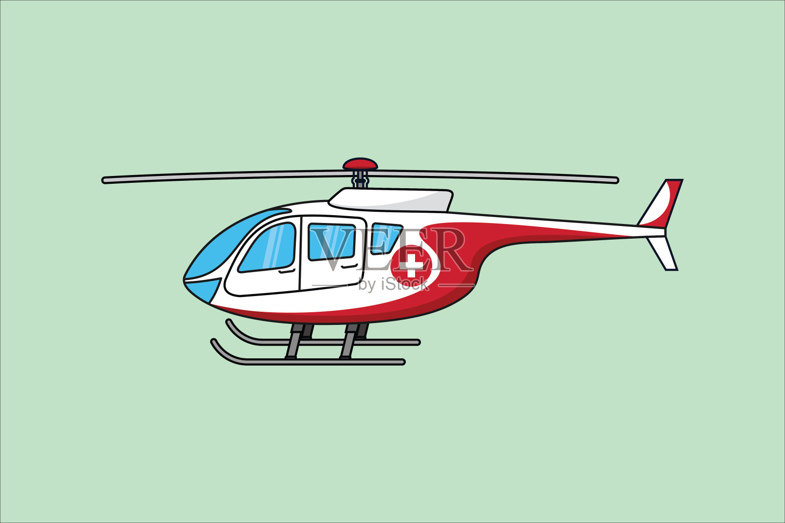 救护直升机图标。救护车直升机被隔离在绿色背景上。矢量插图在平面风格插画图片素材