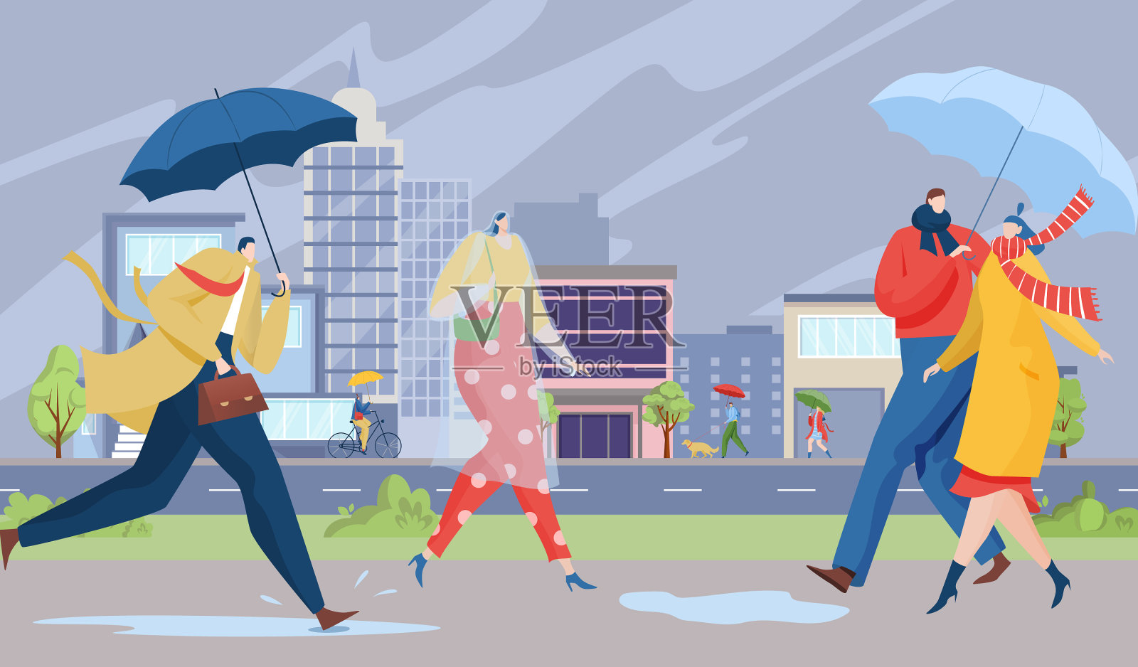 雨中都市人撑着伞走都市人插画图片素材