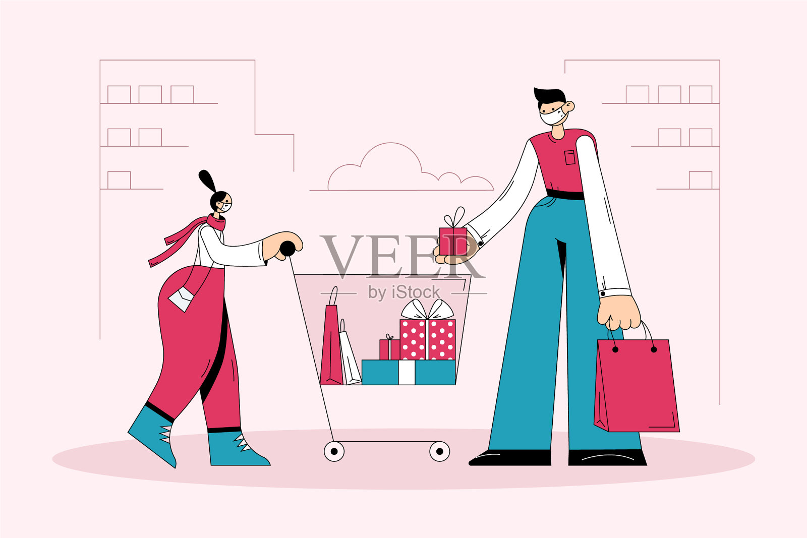 在新冠肺炎期间购物和购买礼物插画图片素材