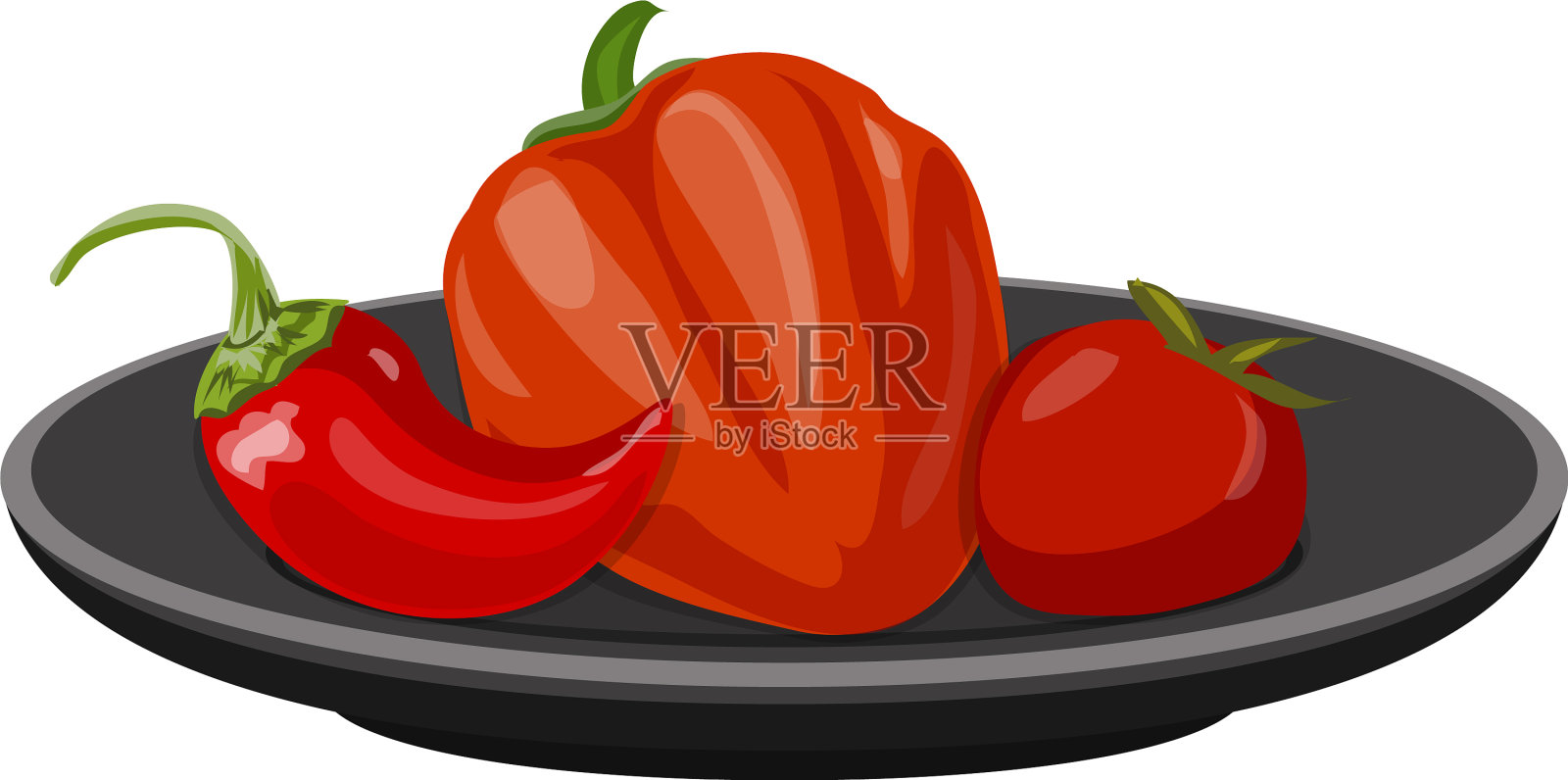 盘子上有卡通风格的辣椒和番茄设计元素图片