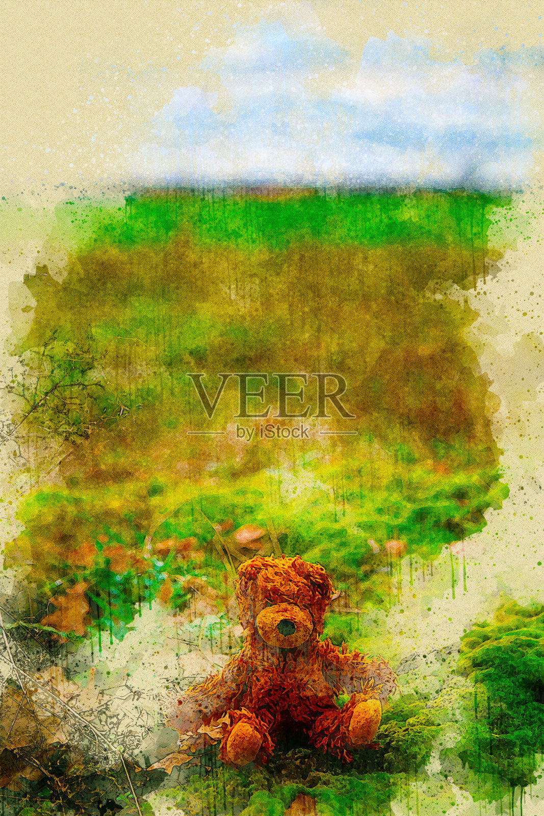 特写的棕色泰迪熊坐在户外水彩画插画图片素材