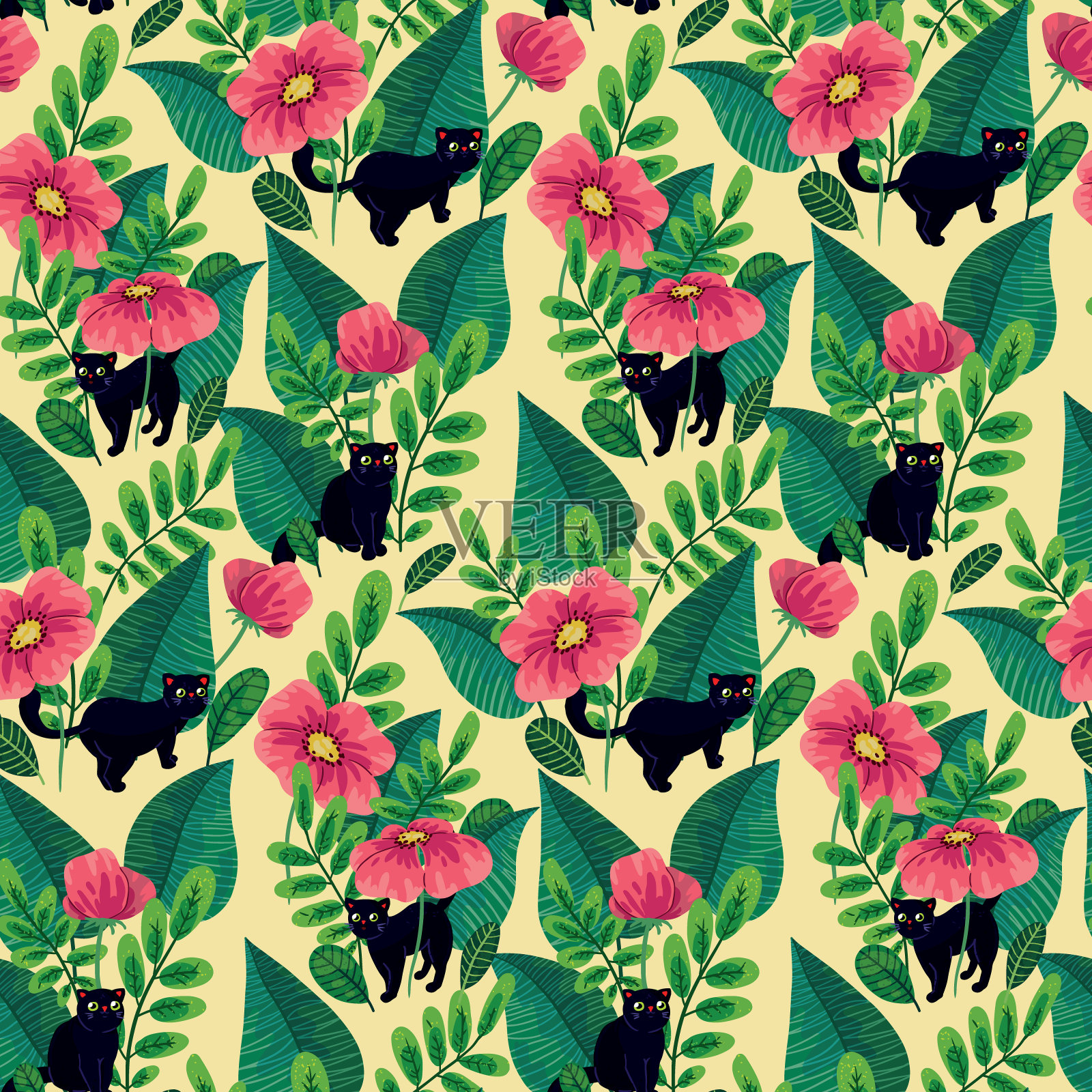 可爱的婴儿印花猫和花。无缝模式。插画图片素材