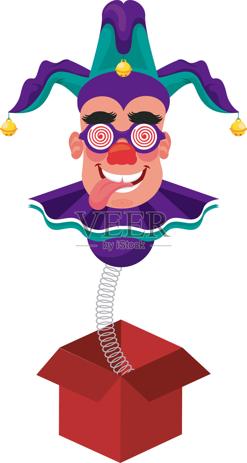 小丑戴着小丑帽和面具在惊喜盒插画图片素材