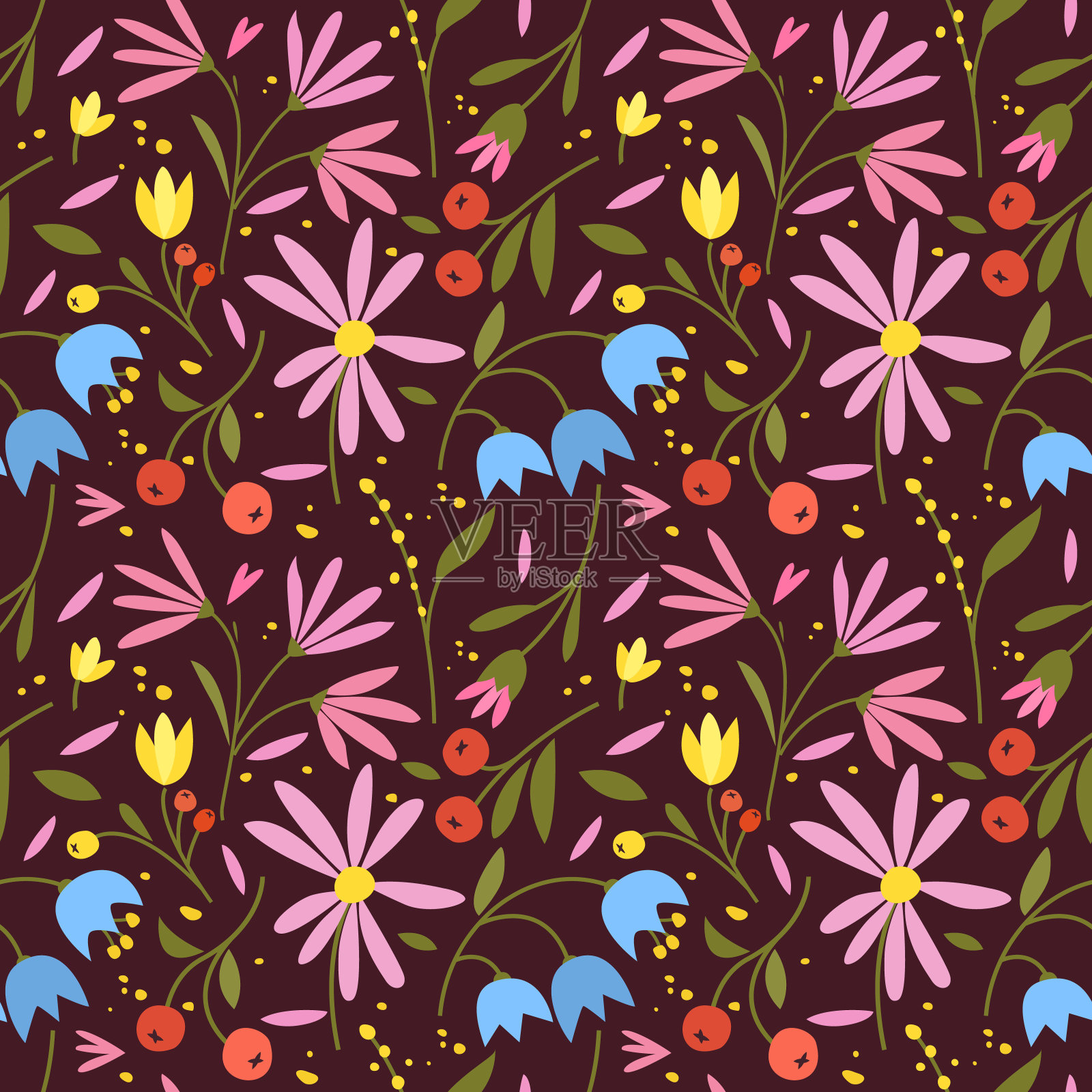 可爱的无缝图案与五颜六色的小花。深色背景上的小花插画图片素材