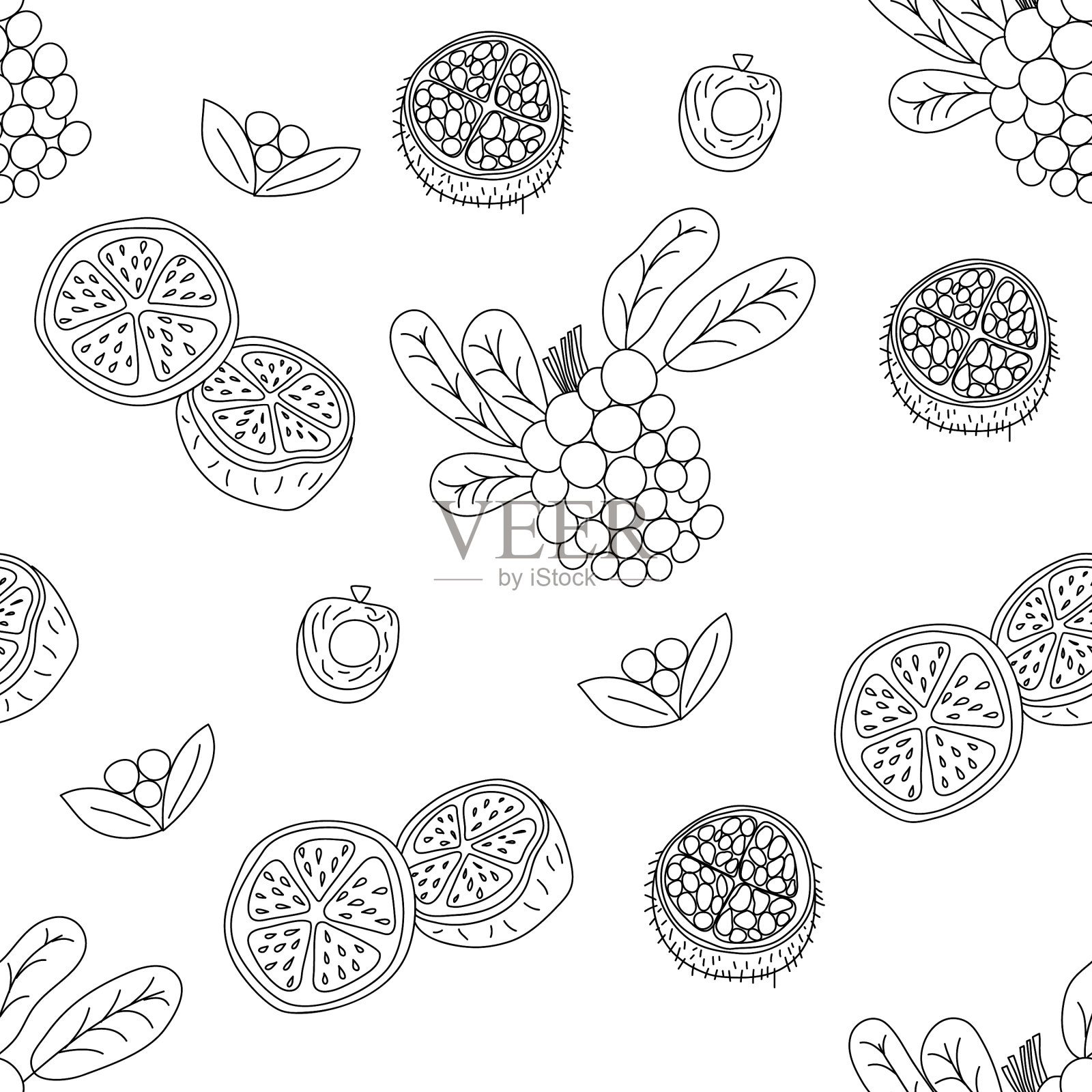 热带水果纹路无缝，纹路黑色而无缝隙插画图片素材