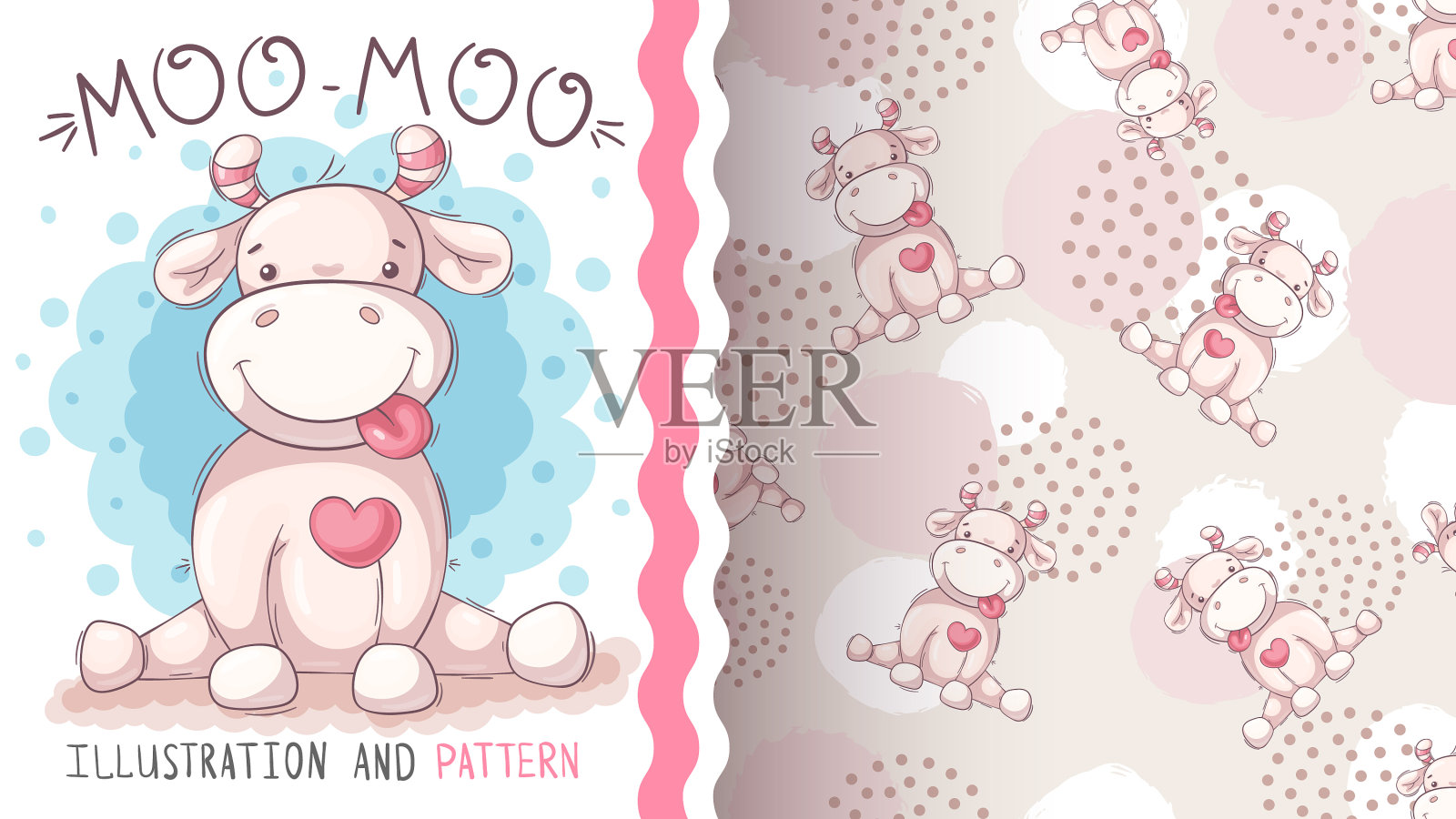 可爱的泰迪牛-无缝图案插画图片素材