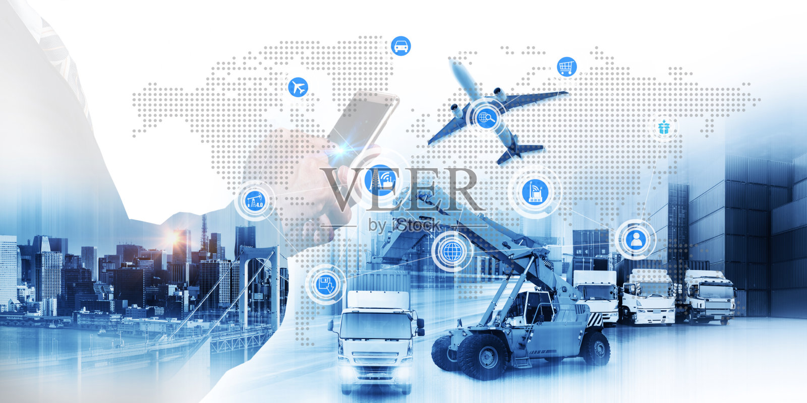 智能技术概念与全球物流合作伙伴工业集装箱货运船舶，物联网概念快速或即时航运，在线货物订单全球照片摄影图片