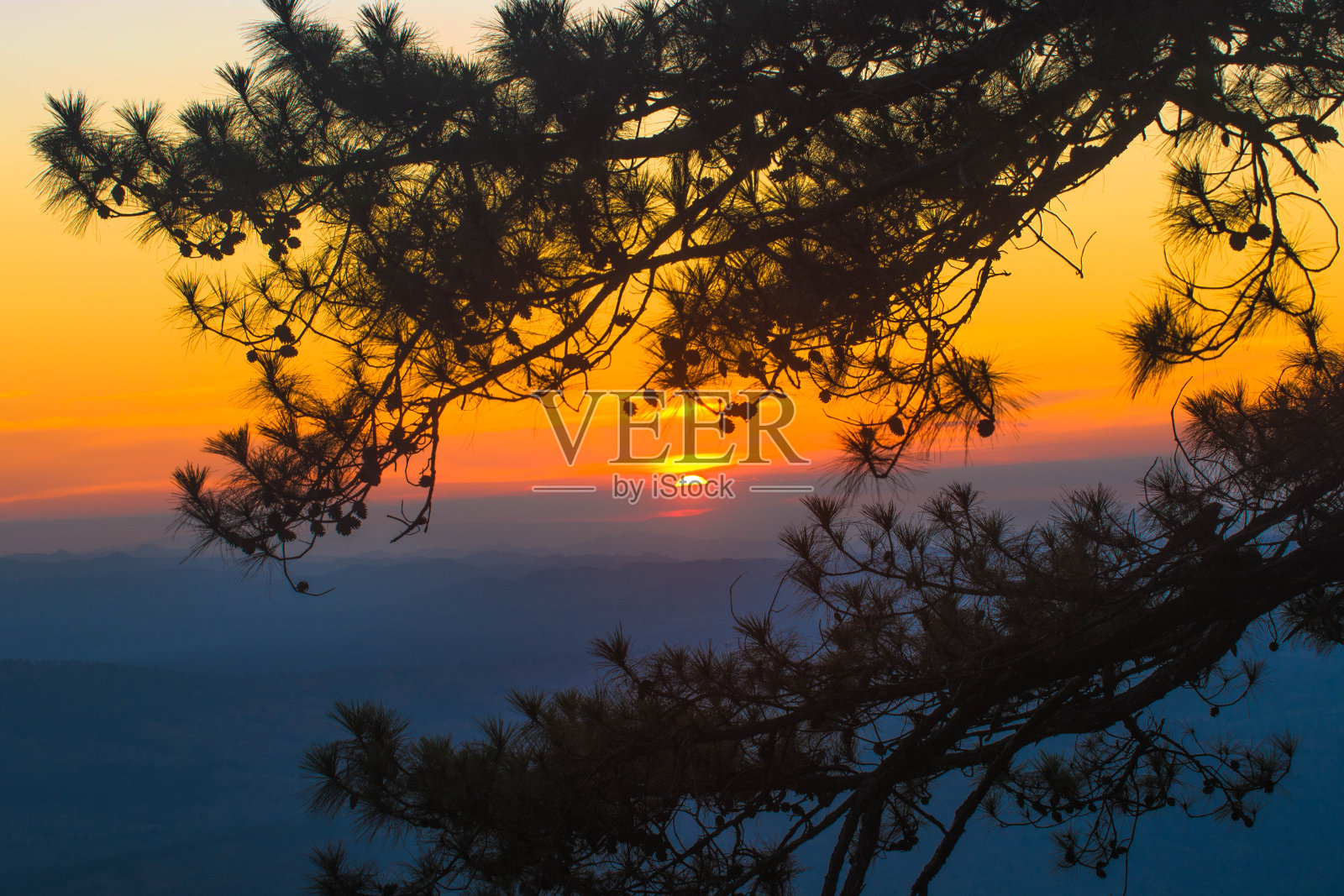 在Phu Kradueng国家公园的Pha Lom Sak观察点，太阳即将落下照片摄影图片