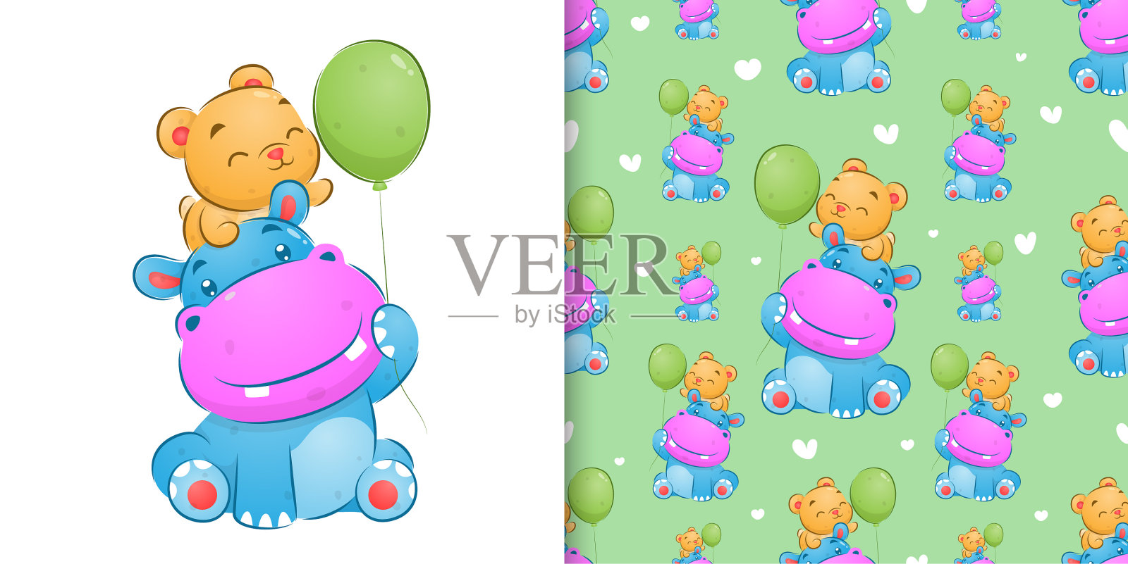 彩色可爱的河马和小熊在玩插画图片素材