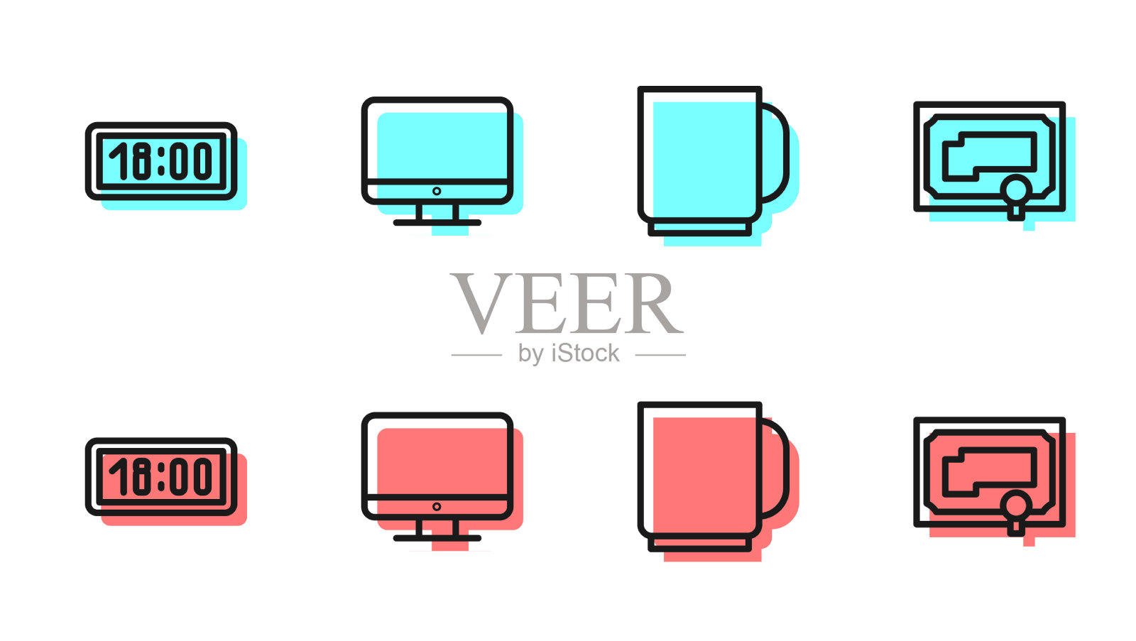 设定线咖啡杯电脑数字闹钟图标素材