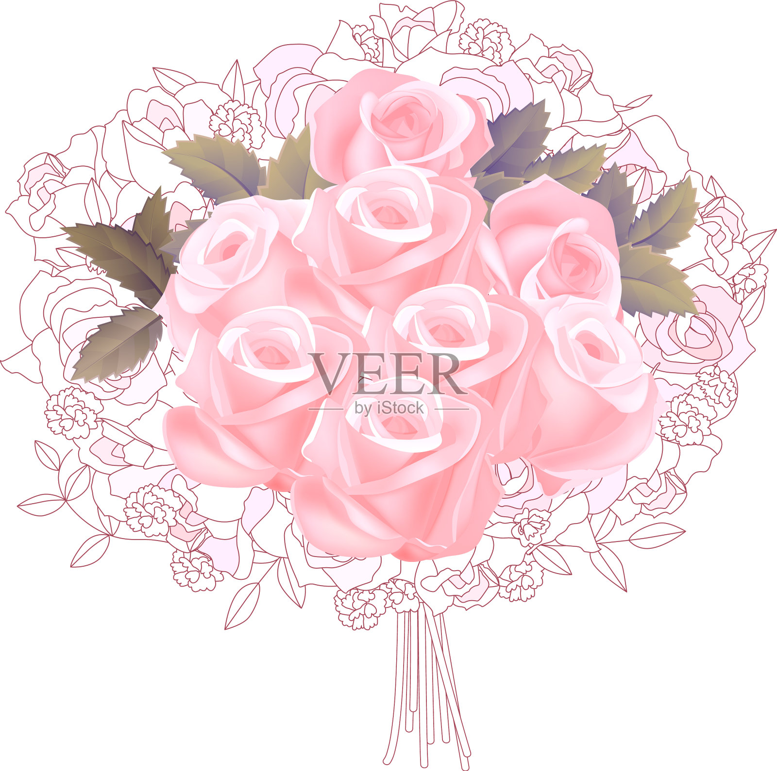 轮廓风格化束轮廓粉红色玫瑰上插画图片素材