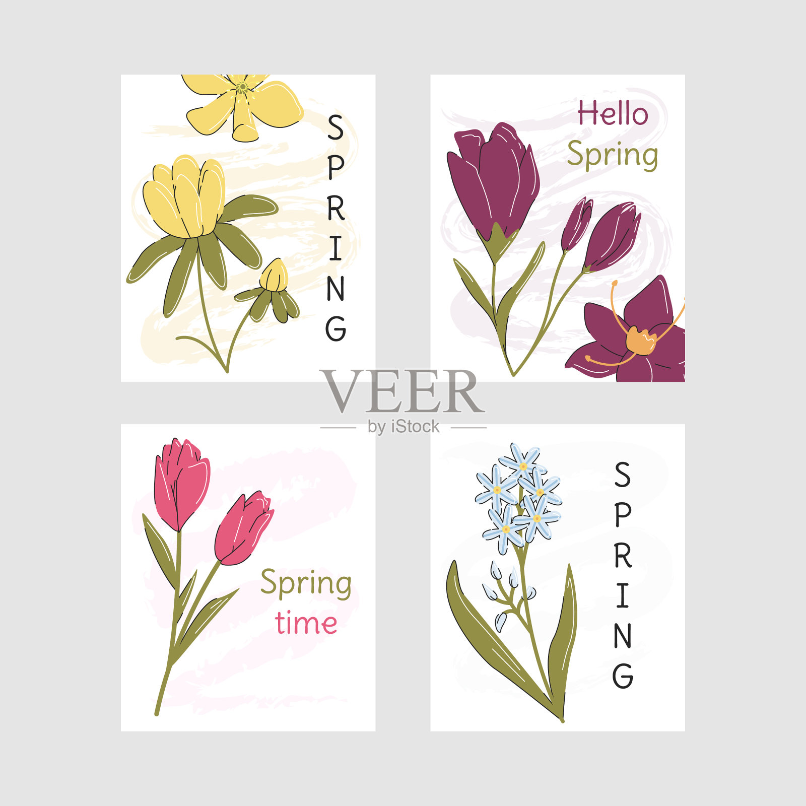 收集灰色背景的春季贺卡插画图片素材
