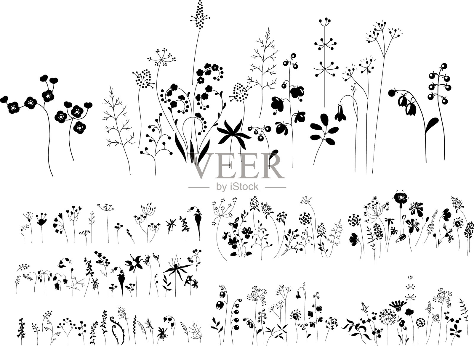 详细的轮廓收集与花和插画图片素材