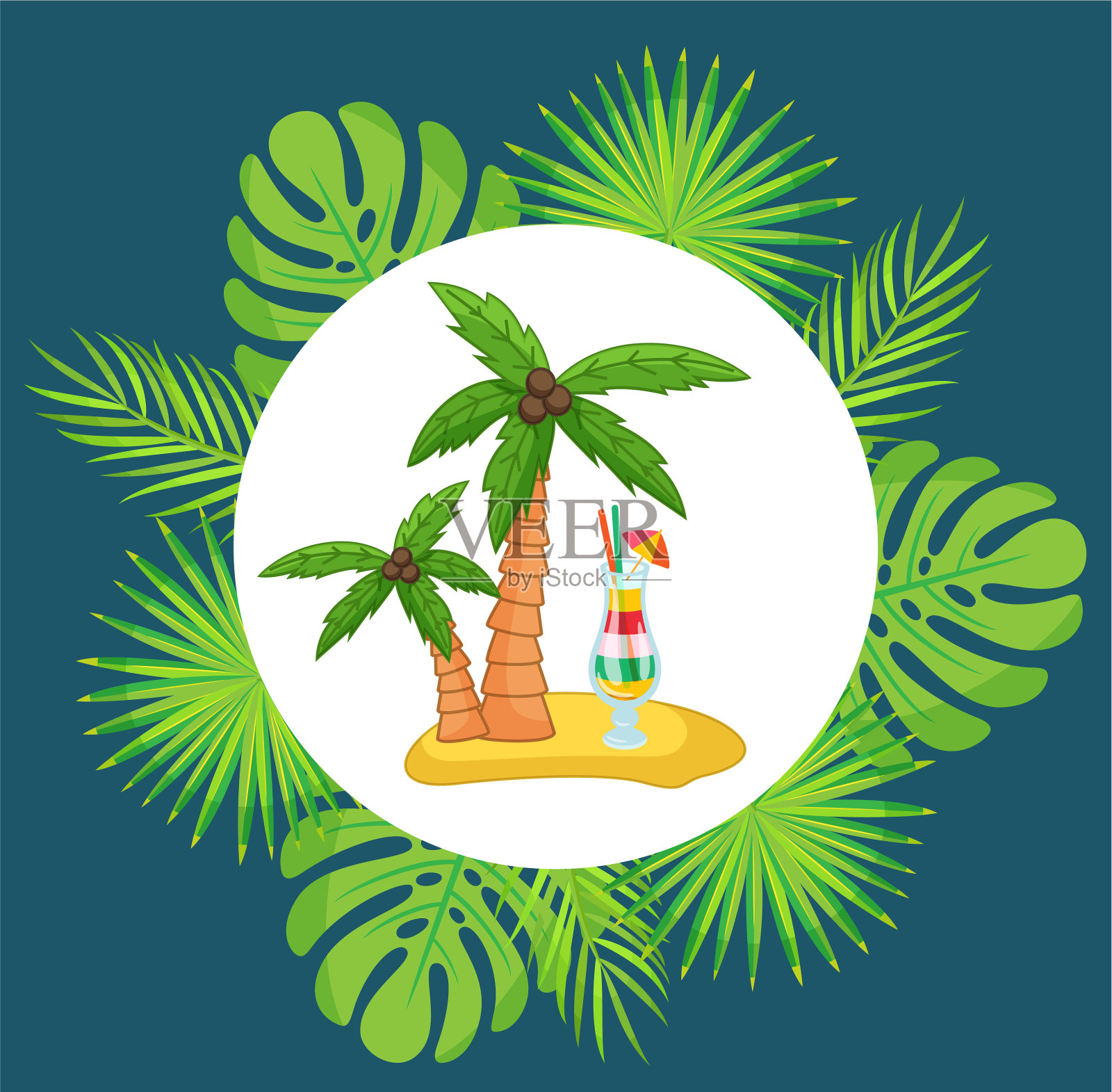 热带岛屿的异国情调鸡尾酒下的棕榈树插画图片素材
