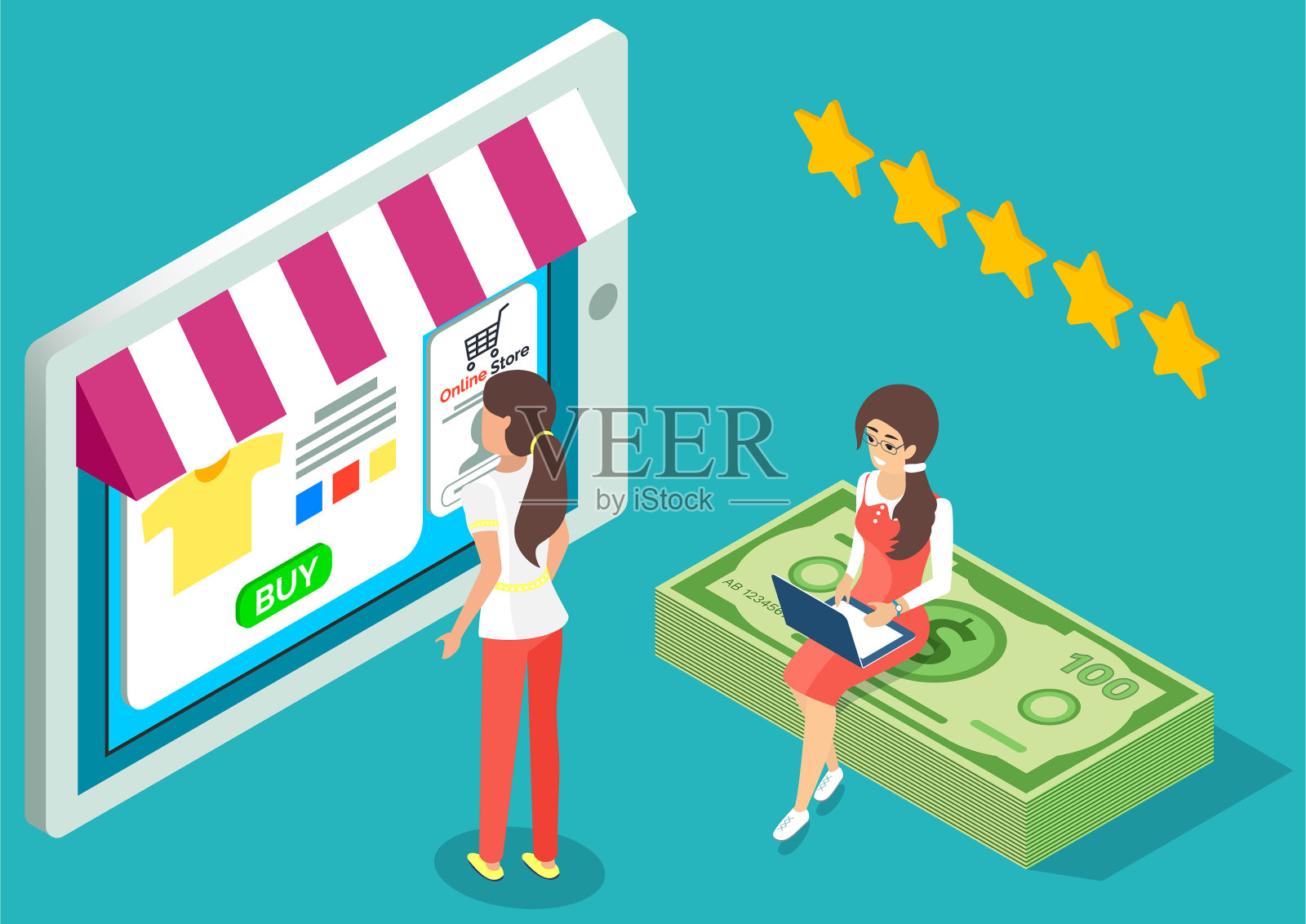 电脑桌上的网上购物概念插画图片素材