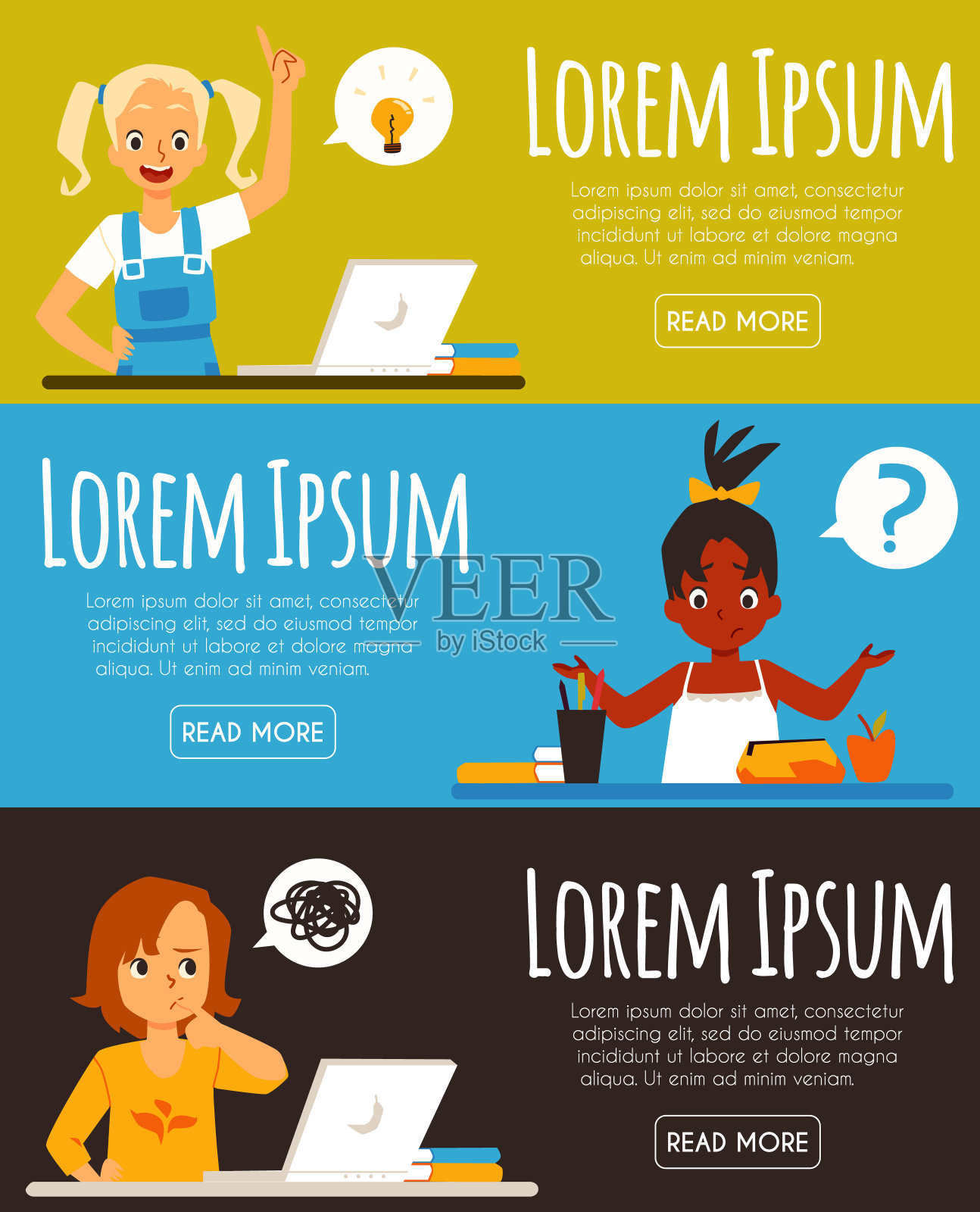 在横幅或传单上放置沉思的女孩，平面矢量插图。设计模板素材