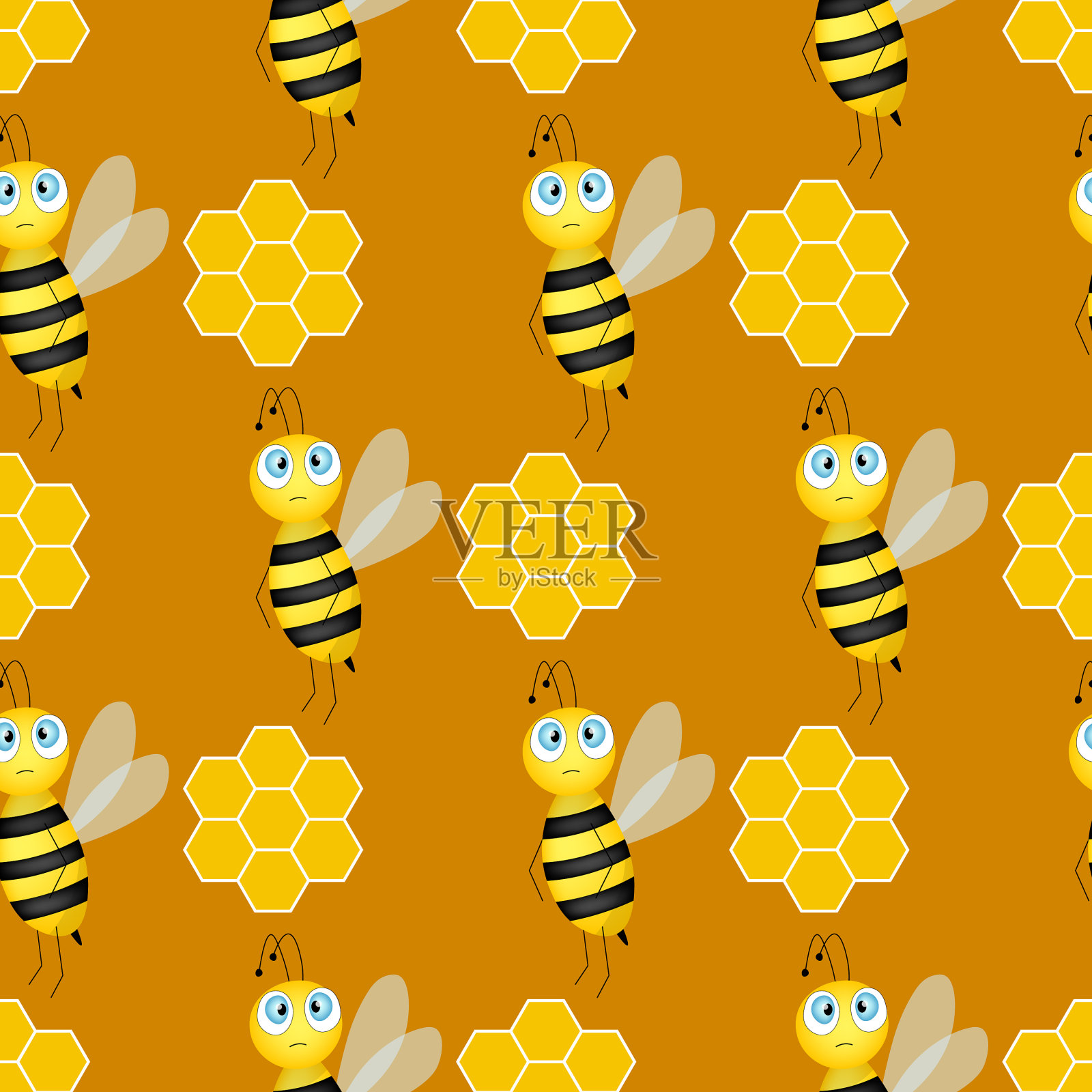 棕色上有蜜蜂和蜂巢的无缝图案插画图片素材