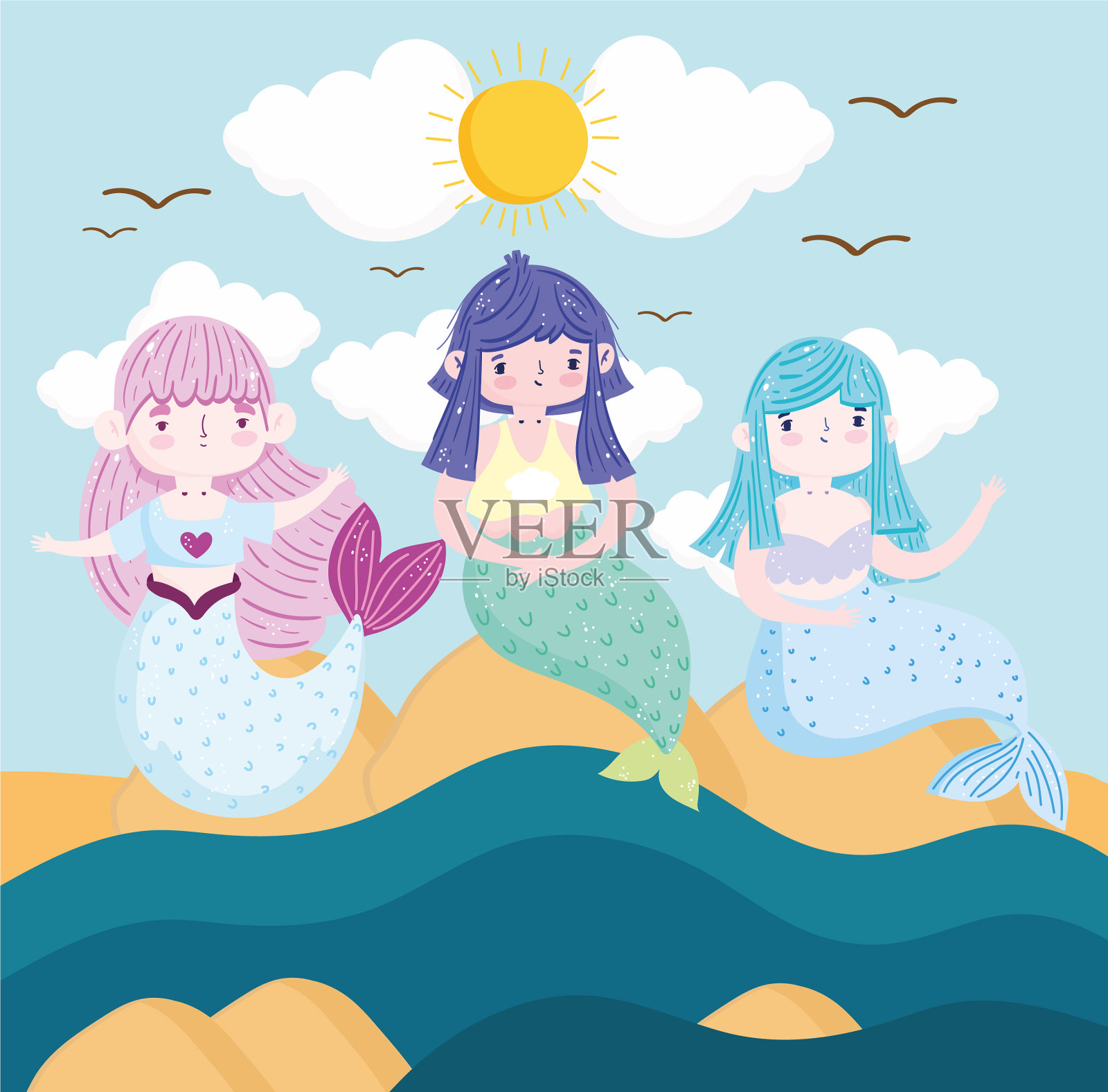 可爱的美人鱼坐在海滩卡通插画图片素材