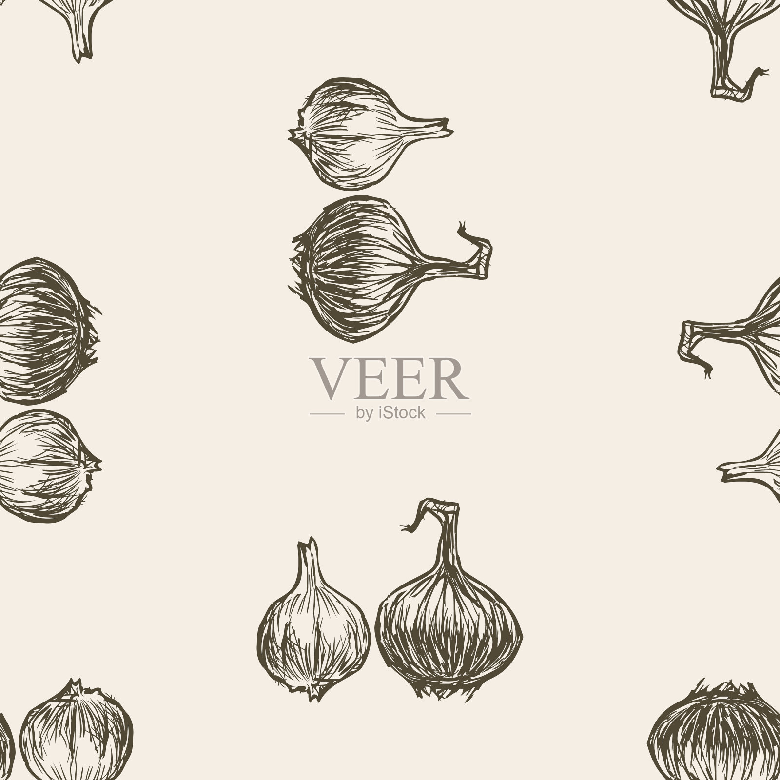 无缝图案草图成熟的洋葱和大蒜插画图片素材