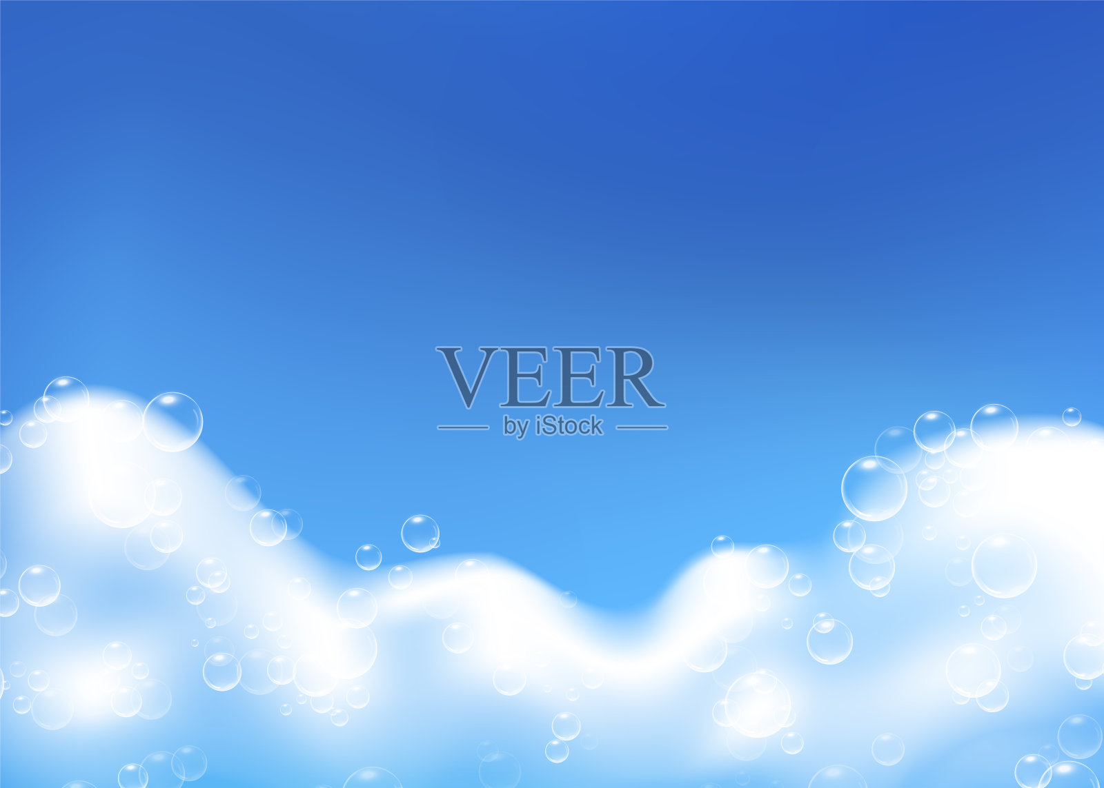 美丽的蓝色背景与现实的肥皂泡沫与泡沫。洗发水泡沫纹理。有光泽的洗涤清洁剂。文本的空位置。矢量图照片摄影图片