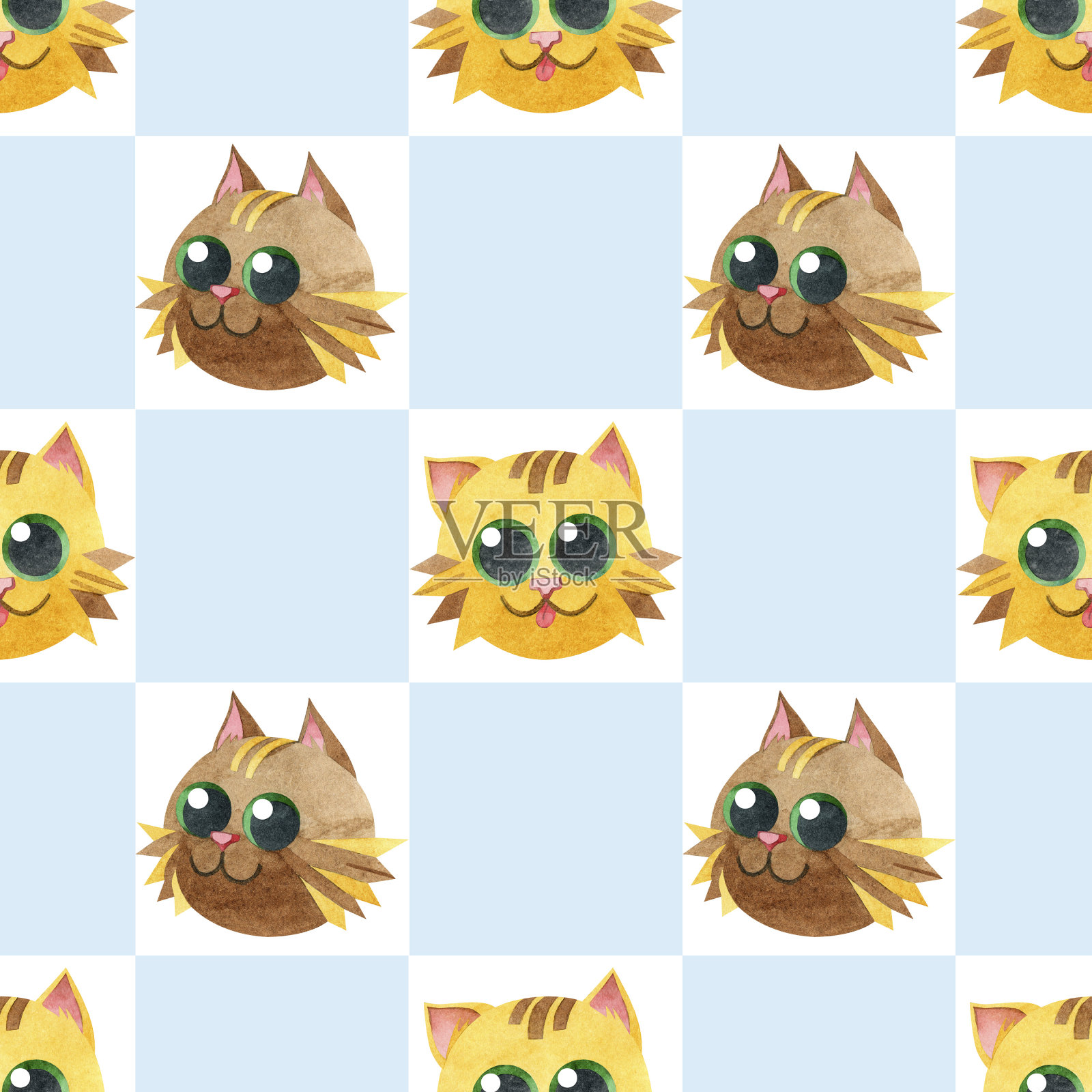 无缝图案与有趣的猫脸。创意的斯堪的纳维亚儿童纹理。在方格背景上的水彩插图。非常适合织物，纺织品，网站，壁纸，包装。插画图片素材