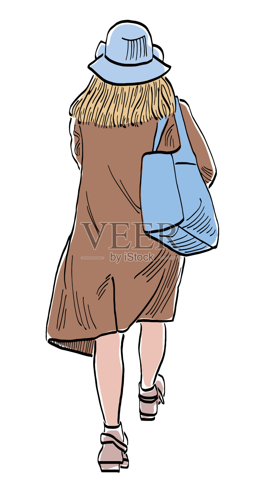 矢量画的随意年轻城市女人在蓝帽子走在户外设计元素图片