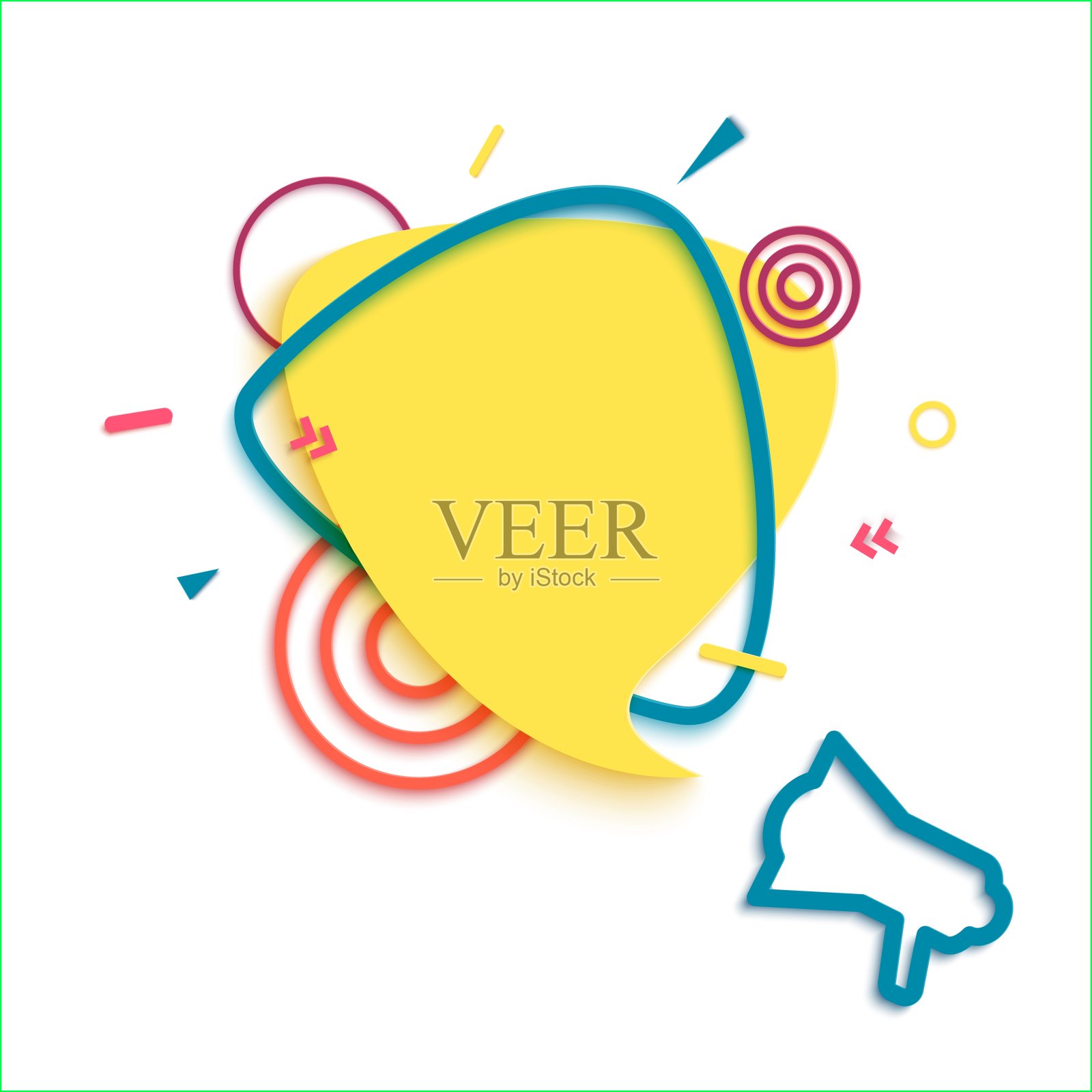 剪纸艺术中的黄色语音泡泡和扩音器。样式的旗帜与几何形状。彩色贴纸与地方推广文字，价格标签，销售广告。剪纸矢量插图。插画图片素材