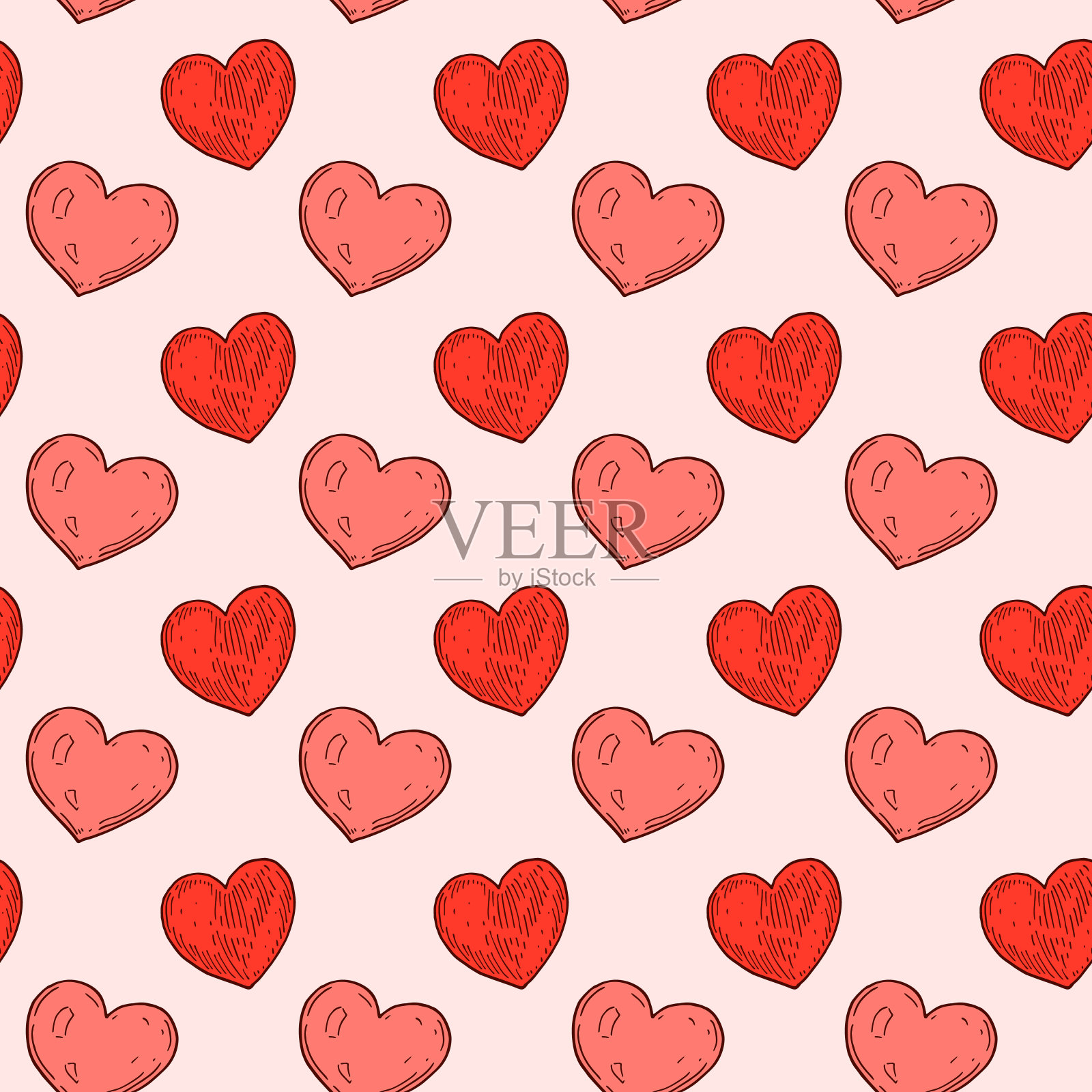 手绘心形无缝图案。矢量插图在素描风格插画图片素材