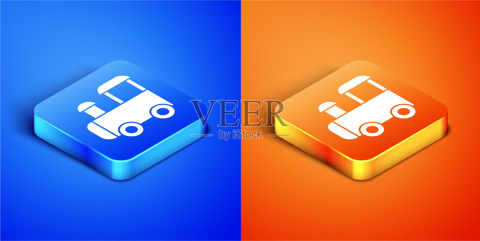 等距玩具火车图标孤立在蓝色和图标素材